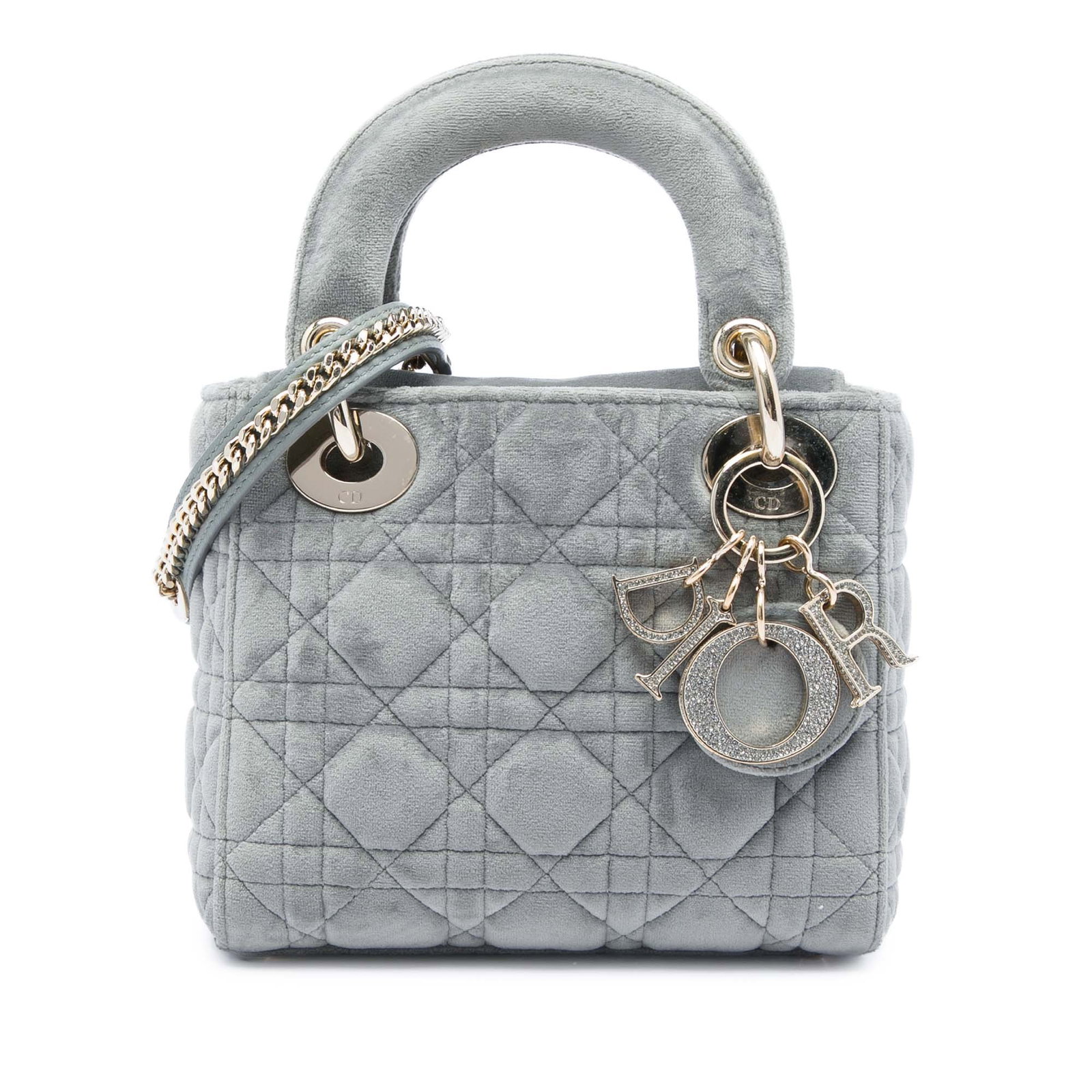 Dior Lady Dior Mini Cannage Velvet Handbag Gray: Dior Lady Dior Mini Cannage Velvet Handbag Gray Mini Lady Dior bag in gray quilted velvet with Cannage detailing. It features flat top handles, a detachable chain link strap with a flat leather guard,
