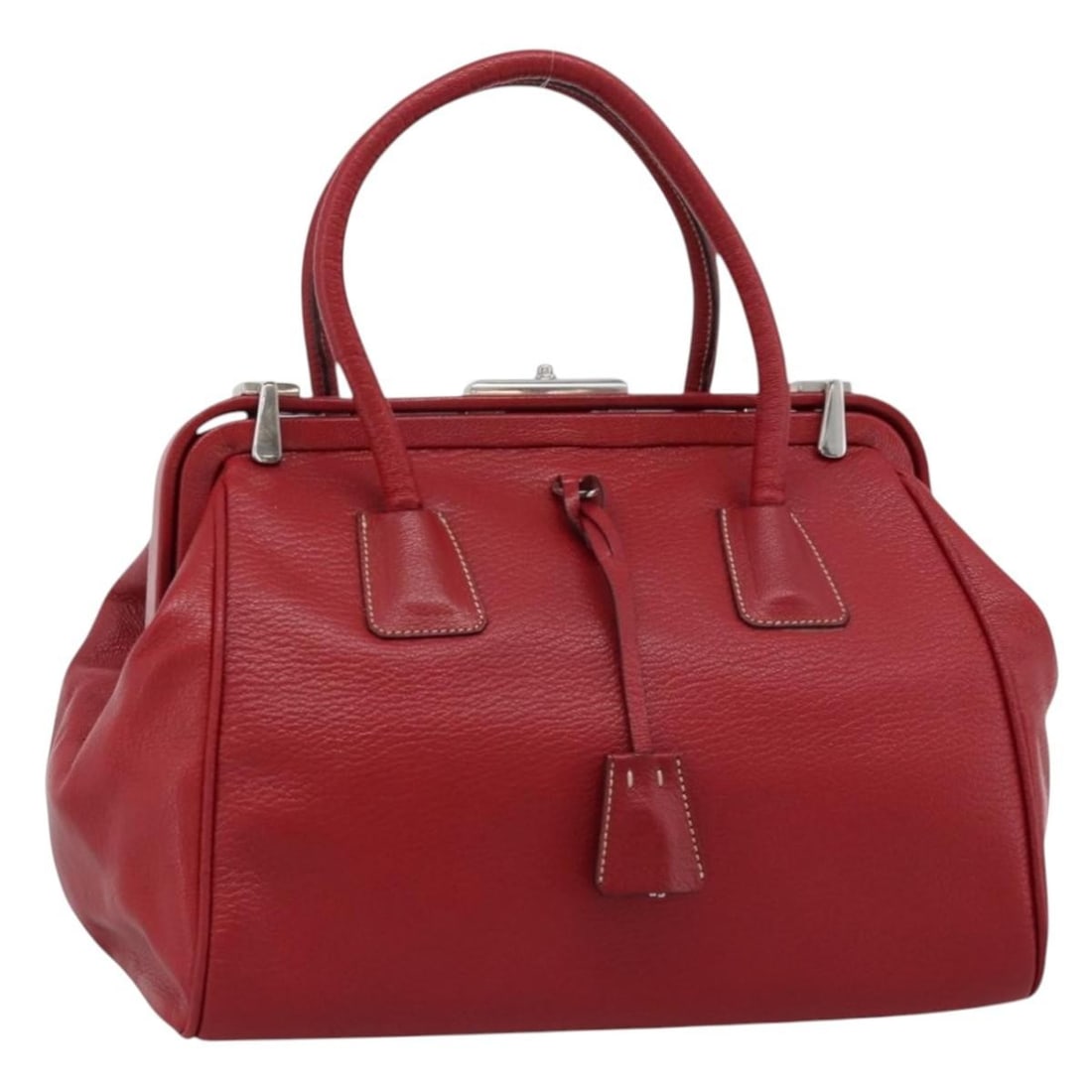 Prada Red Silver Leather Hand Bag with Keys Clochette Card: Prada Red Silver Leather Hand Bag with Keys Clochette Card Prada red leather handbag with silver-tone accents. Includes 2 keys, a clochette, and guarantee card. Made in Italy. Condition is B with reas