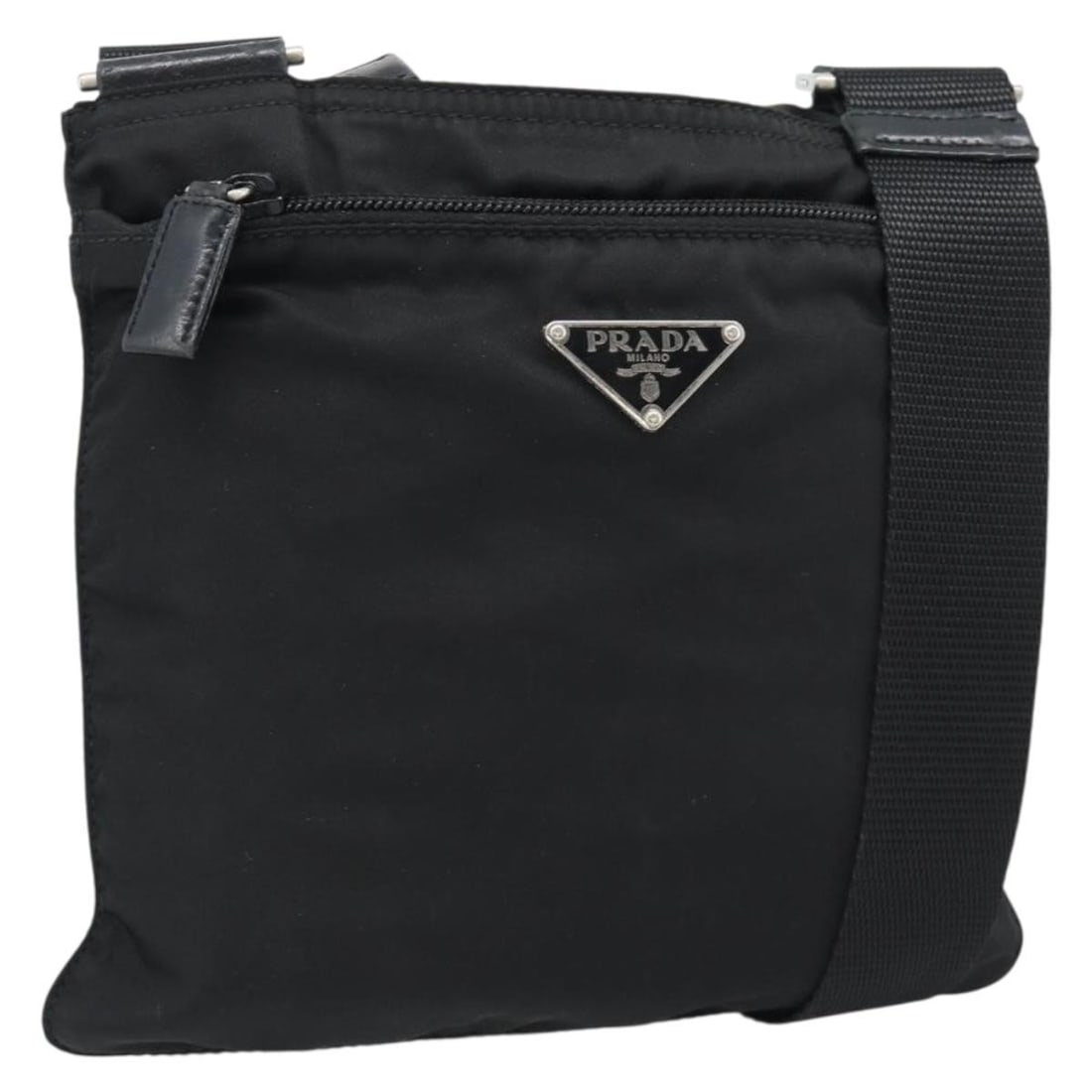 PRADA BA13615A Black Nylon Shoulder Bag Silver Tone: PRADA BA13615A Black Nylon Shoulder Bag Silver Tone PRADA shoulder bag in black and silver nylon, made in Italy. This women's bag measures approximately 20 cm x 20 cm, with a shoulder strap drop of ap