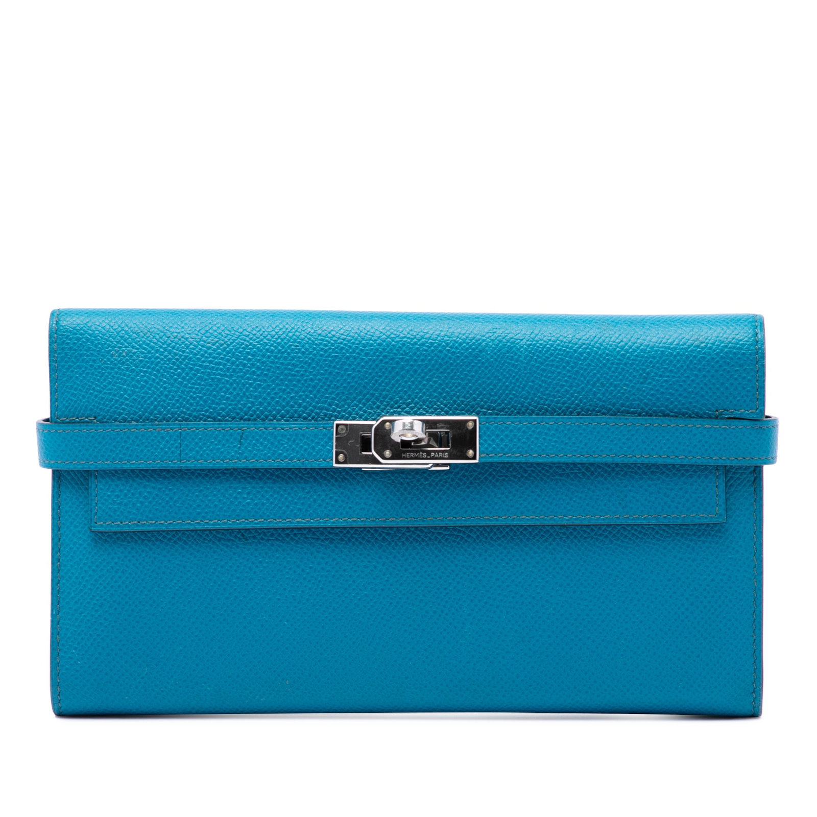 Hermes Kelly Trifold Long Wallet in Blue Aztec Epsom Leather: Hermes Kelly Trifold Long Wallet in Blue Aztec Epsom Leather Hermes Kelly trifold long wallet crafted in Blue Aztec Epsom leather with the signature front turn-lock closure. The interior includes zip 