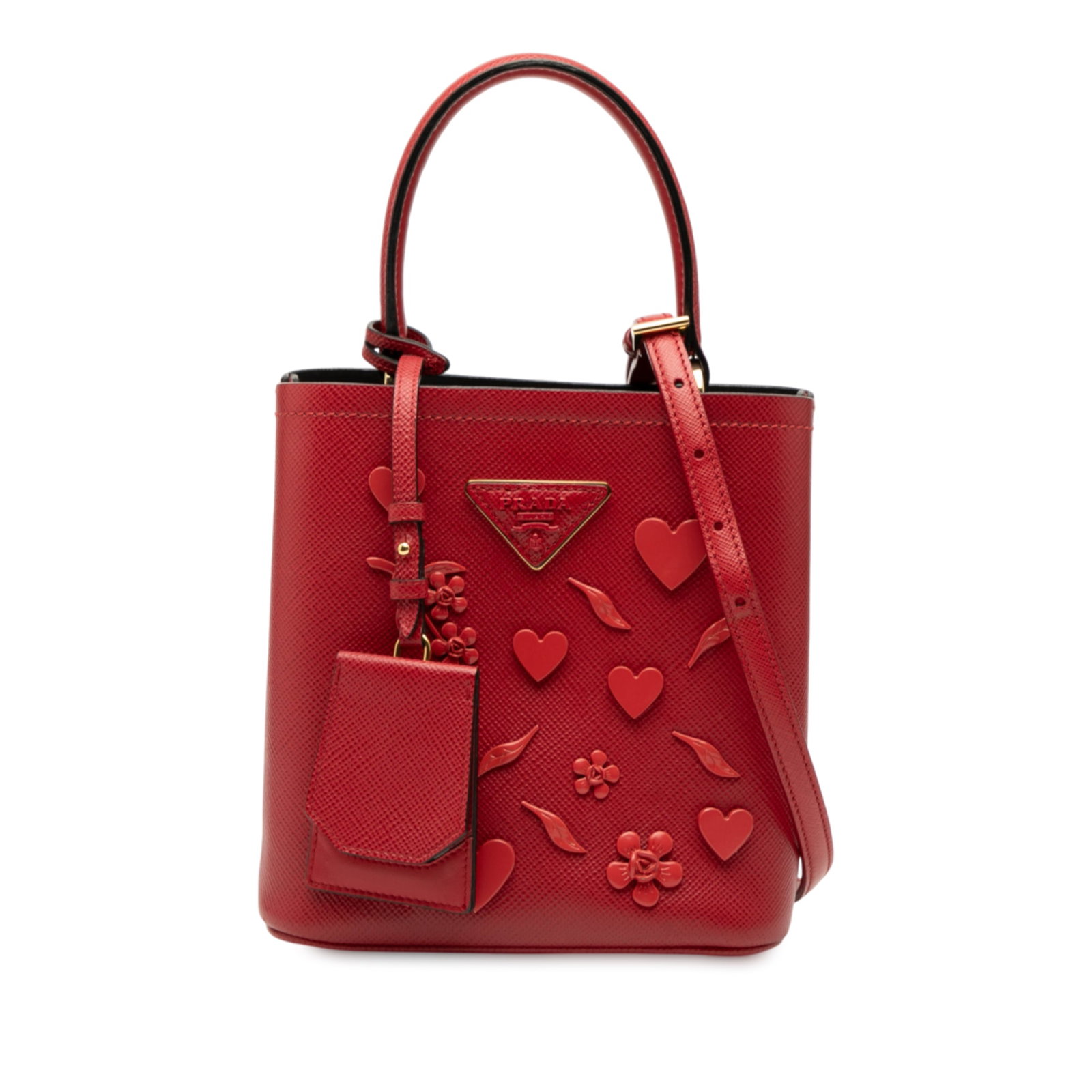 Prada Small Red Saffiano Cuir Panier Satchel with Embellishments: Prada Small Red Saffiano Cuir Panier Satchel with Embellishments This Prada Small Embellished Saffiano Cuir Panier Satchel is a stylish and sophisticated bag crafted from saffiano leather, featuring c