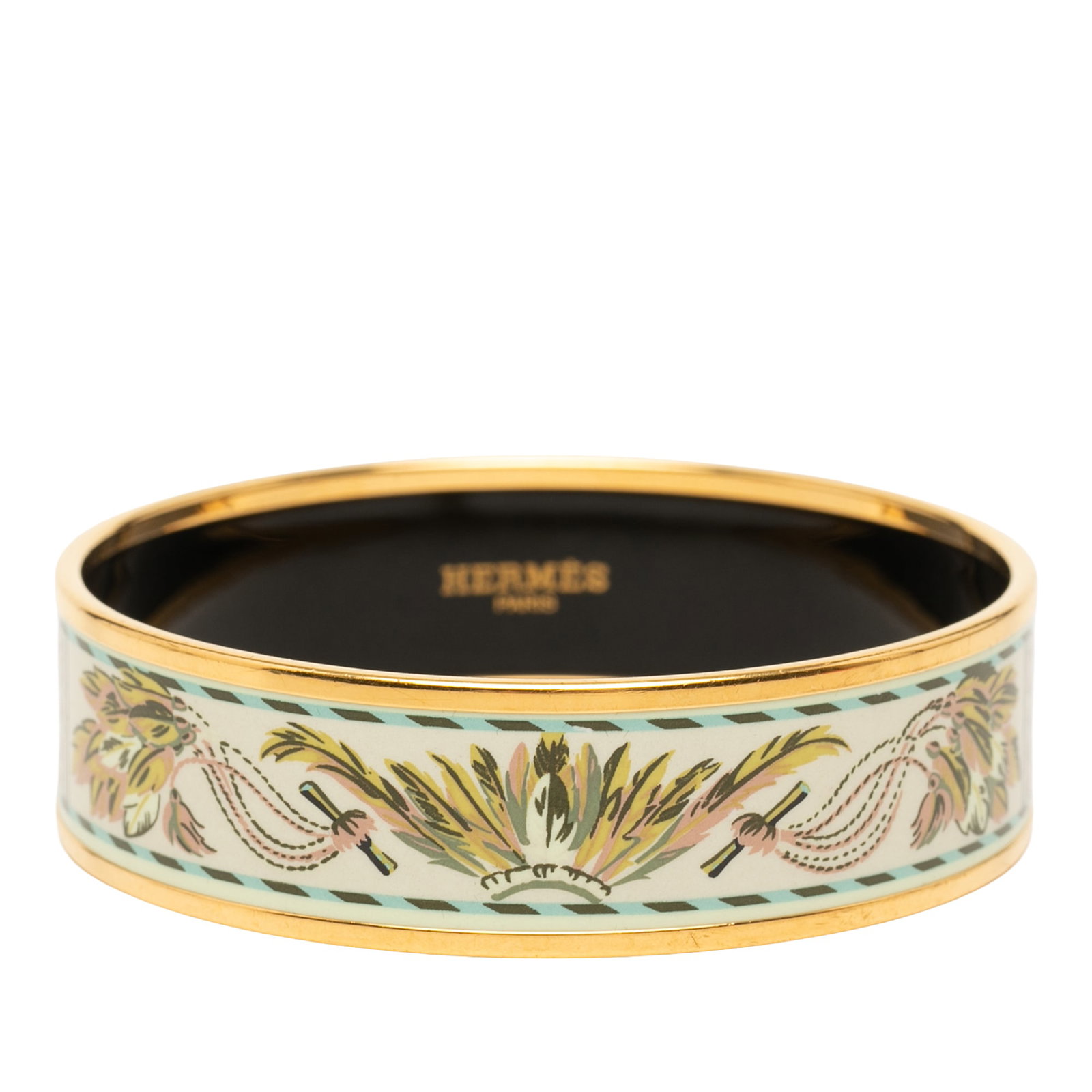 Hermes Brazil Candeur Wide Enamel Bangle 65: Hermes Brazil Candeur Wide Enamel Bangle 65 Hermes Wide Enamel Brazil Candeur Bangle 65 bracelet featuring an enamel and gold-plated body in white. Includes the dust bag and box. Condition is B+ with 