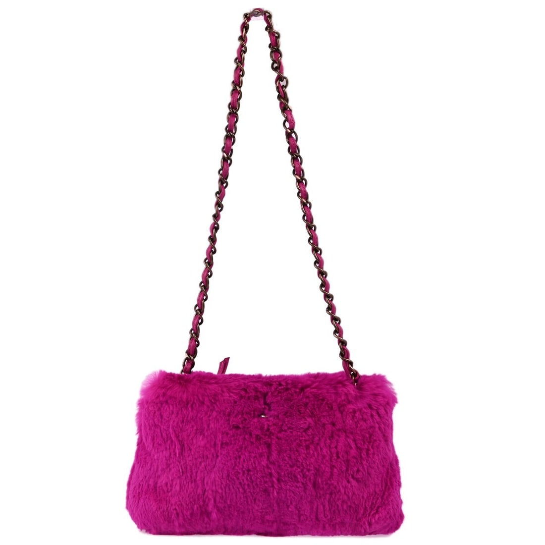 CHANEL Chain Shoulder Bag Pink Fur Matelasse Medium: CHANEL Chain Shoulder Bag Pink Fur Matelasse Medium Chanel single chain shoulder bag in pink fur with a matelasse pattern and logo accent. This medium shoulder bag features a zip closure, chain strap,