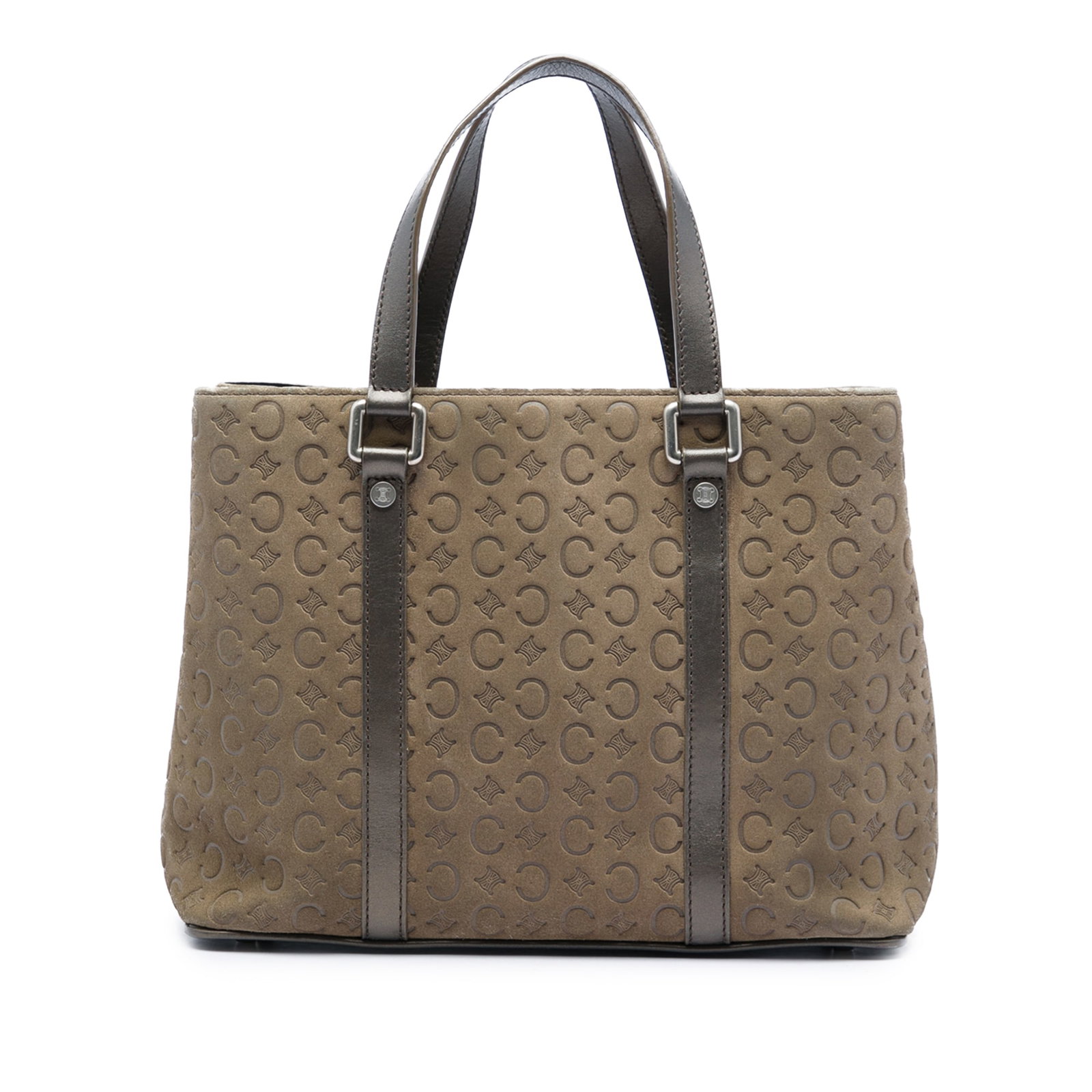 Celine C Macadam brown suede tote bag with leather trim: Celine C Macadam brown suede tote bag with leather trim Celine C Macadam tote bag in brown suede with leather trim and flat leather straps. The open-top design includes interior zip and slip pockets. 