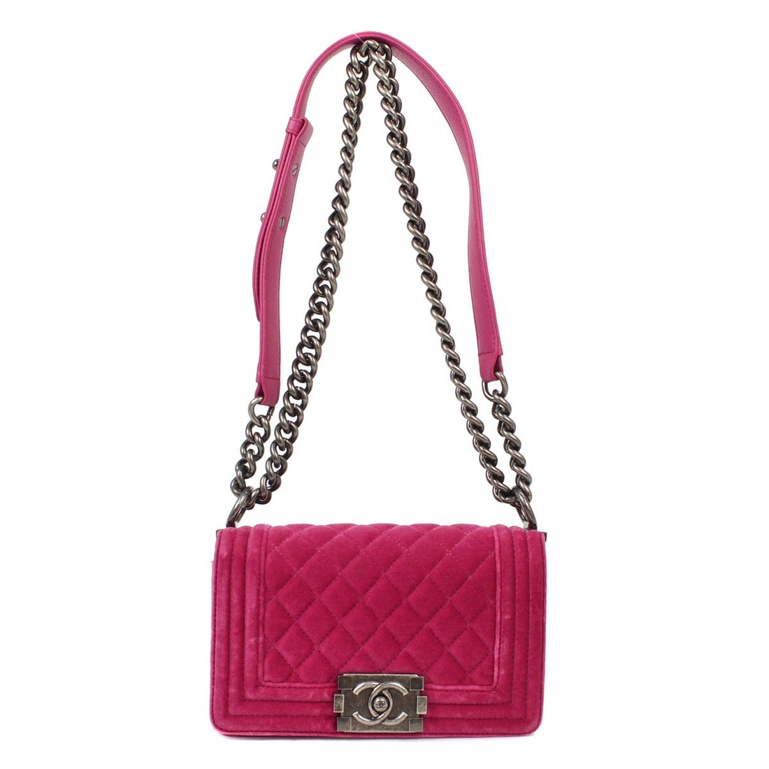 CHANEL Boy Chanel Mini Pink Velvet Shoulder Bag Chain Strap: CHANEL Boy Chanel Mini Pink Velvet Shoulder Bag Chain Strap Boy Chanel small chain shoulder bag in pink velvet with lambskin trim. This women's shoulder bag features a clasp flap closure, chain strap,