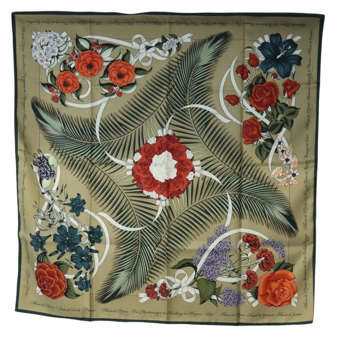 Hermes Carre 90 Silk Scarf Beige Green France: Hermes Carre 90 Silk Scarf Beige Green France Hermes Carre 90 silk scarf in beige and green, made in France. This women's scarf comes with its item box and is noted to be in pristine, excellent condit