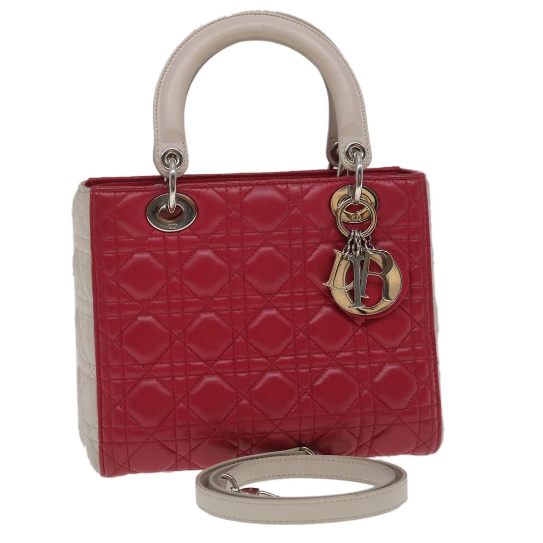 Christian Dior Lady Cannage medium leather handbag red white strap: Christian Dior Lady Cannage medium leather handbag red white strap Christian Dior Lady Cannage medium handbag in red and white leather. This women's handbag includes a shoulder strap and is made in It