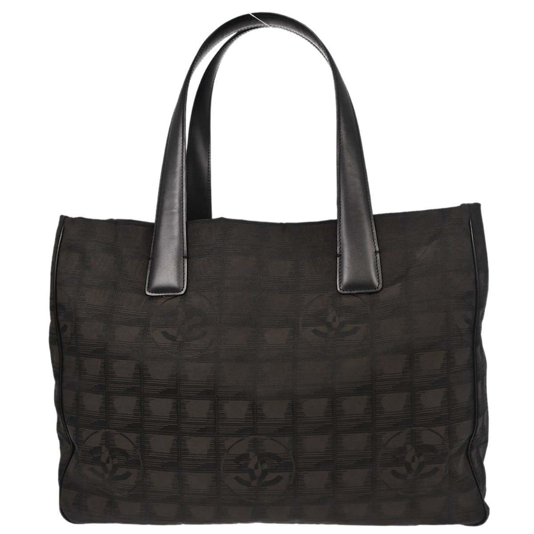 CHANEL Travel Line Brown Jacquard Nylon Tote Bag: CHANEL Travel Line Brown Jacquard Nylon Tote Bag Chanel Travel Line tote handbag in brown jacquard nylon with leather trim. This medium tote features a nylon lining and two interior zipper pockets. Ma