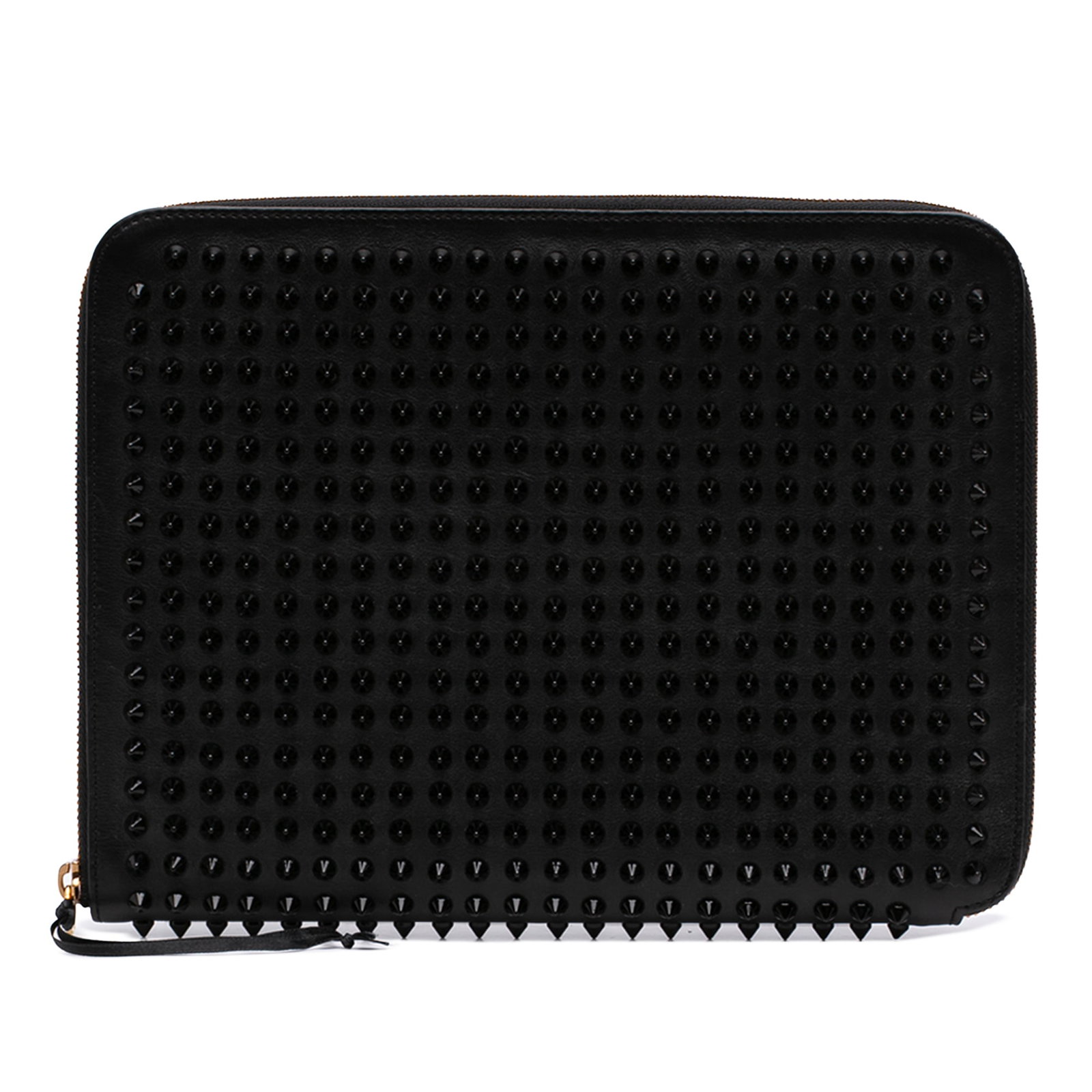 Christian Louboutin Calfskin Spike Leather Wristlet Clutch: Christian Louboutin Calfskin Spike Leather Wristlet Clutch Black leather iPad case by Christian Louboutin with spike detailing. This piece features a flat leather wrist strap, a zip-around closure, an