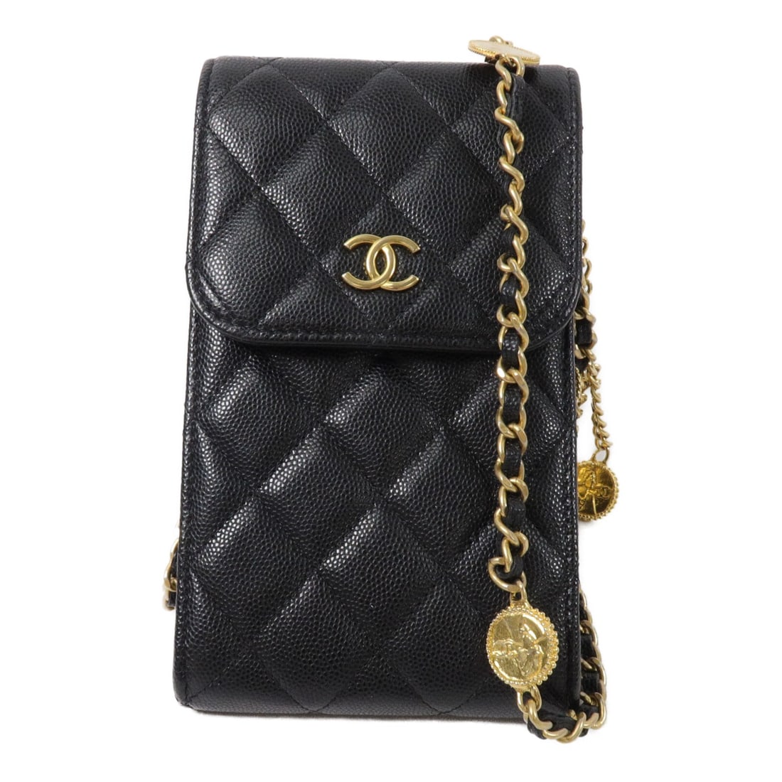 CHANEL CC black calfskin phone shoulder bag with chain GHW: CHANEL CC black calfskin phone shoulder bag with chain GHW Compact Chanel phone bag in black calfskin leather with a chain shoulder strap and CC GHW detailing. This women's shoulder bag features a sli