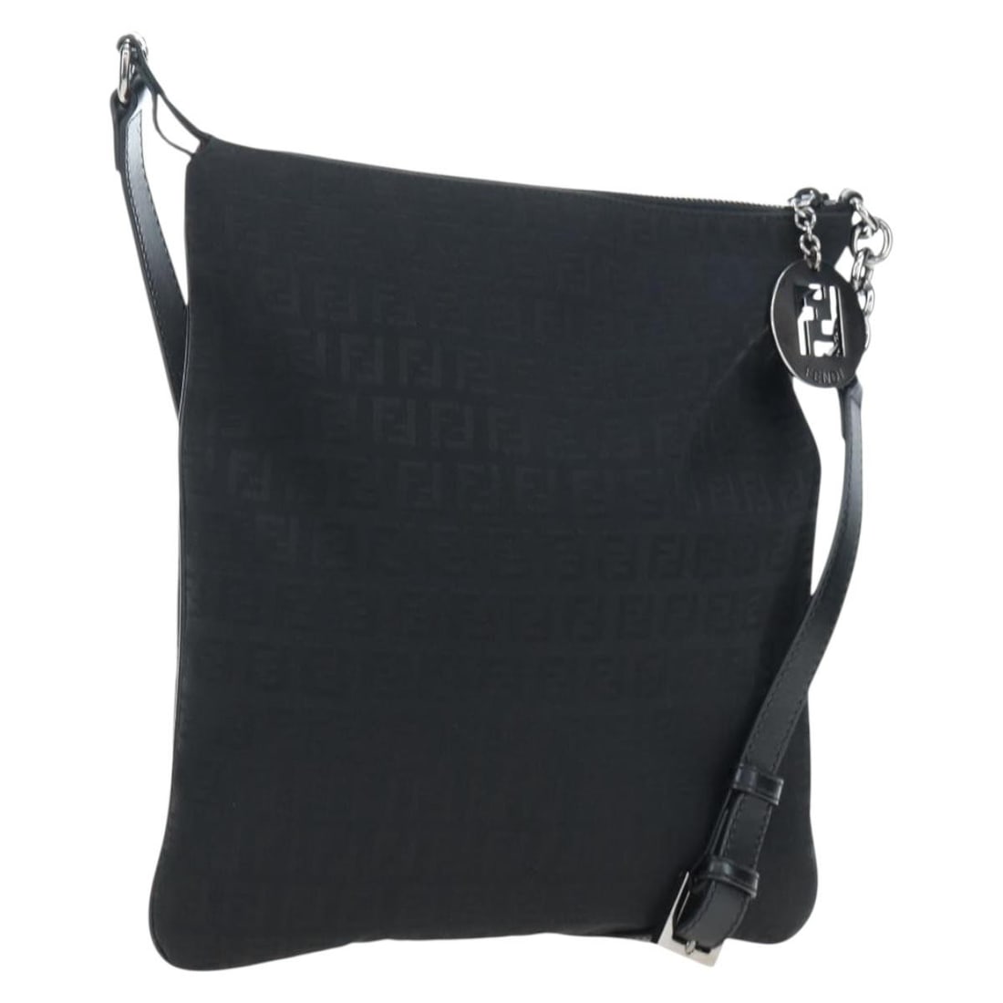 FENDI 8BT151 Zucchino Canvas Shoulder Bag Black Silver: FENDI 8BT151 Zucchino Canvas Shoulder Bag Black Silver FENDI shoulder bag in black and silver Zucchino canvas with a slim profile and adjustable shoulder strap. Includes a dust bag. Condition is AB/ve