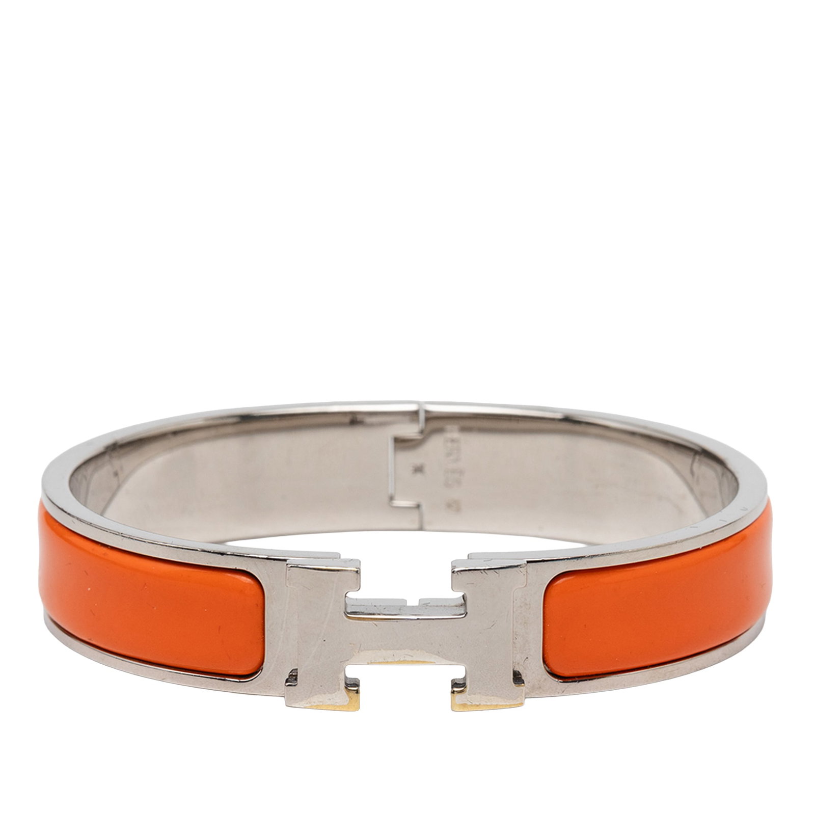 Hermes Clic H PM narrow enamel bracelet palladium plated: Hermes Clic H PM narrow enamel bracelet palladium plated Hermes Narrow Enamel Clic H Bracelet PM with an enamel body, palladium-plated metal accents, and a metal clasp closure. Includes box. Condition