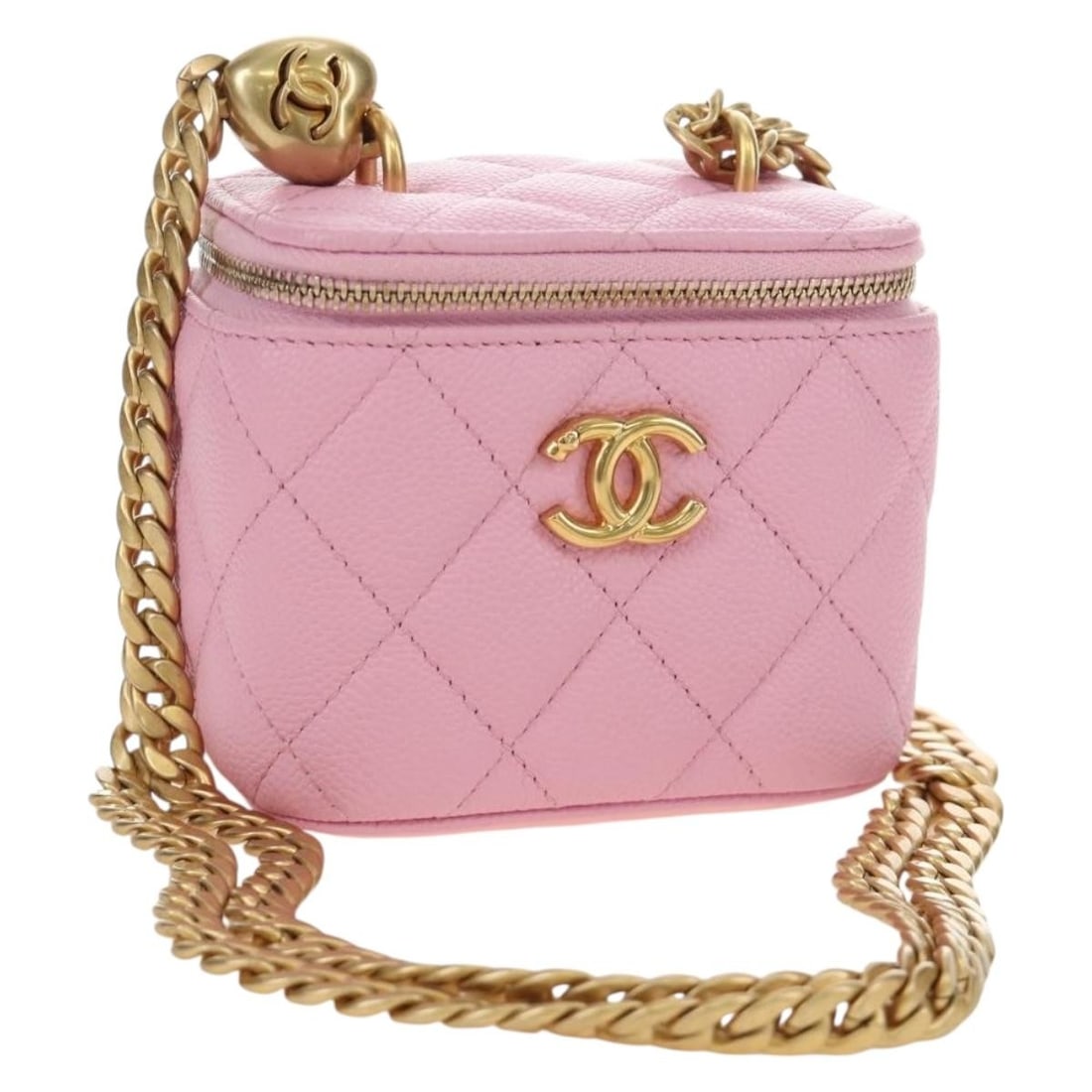 CHANEL Vanity Shoulder Bag Pink Caviar Skin Gold Tone Chain: CHANEL Vanity Shoulder Bag Pink Caviar Skin Gold Tone Chain CHANEL vanity chain shoulder bag in pink and gold Caviar Skin, made in Italy. The bag features a shoulder strap with an approximate drop of 