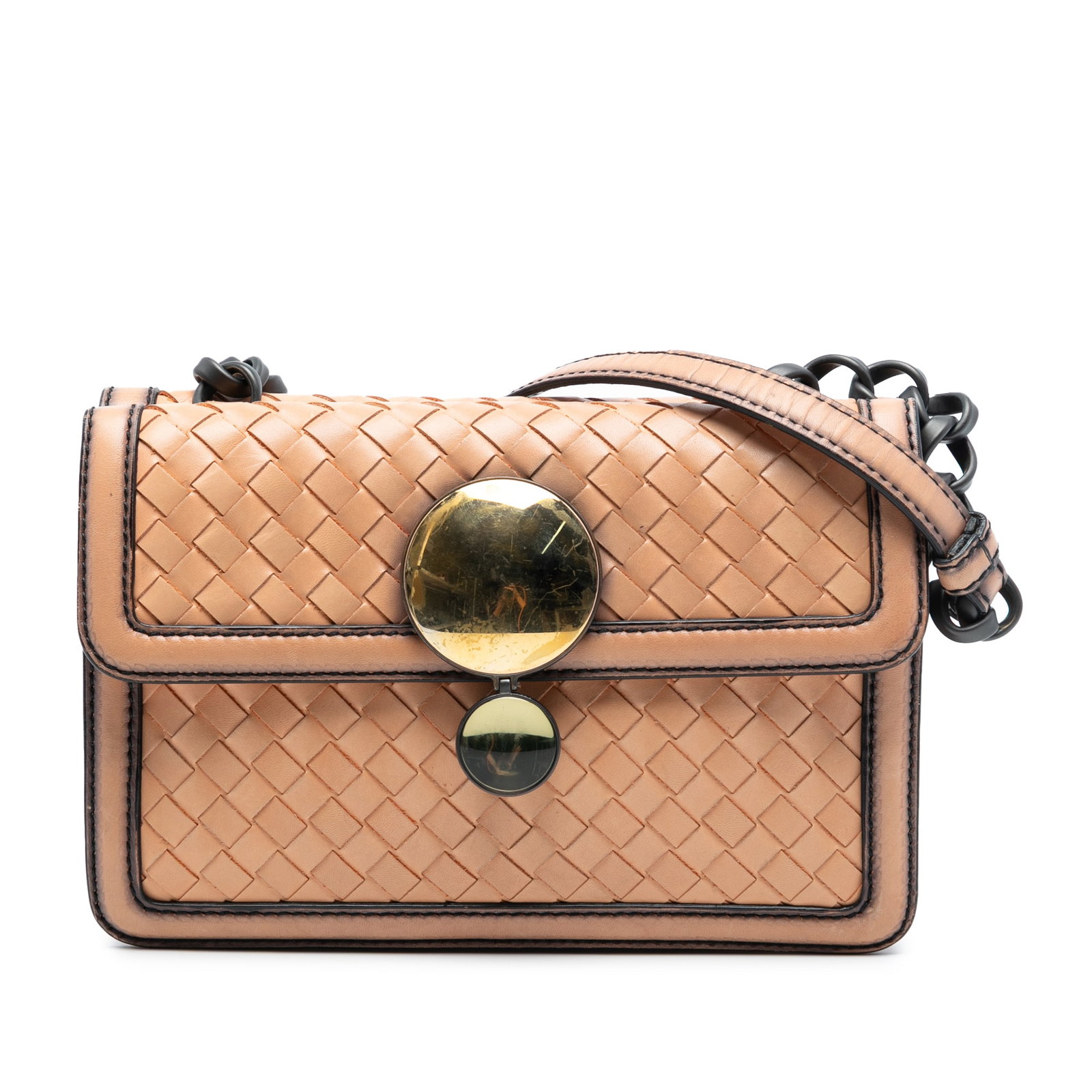 Bottega Veneta Brown Nappa Intrecciato Leather Double Flap Chain Shoulder Bag: Bottega Veneta Brown Nappa Intrecciato Leather Double Flap Chain Shoulder Bag This Bottega Veneta shoulder bag is crafted from woven nappa leather in a brown color and features gunmetal hardware. It h