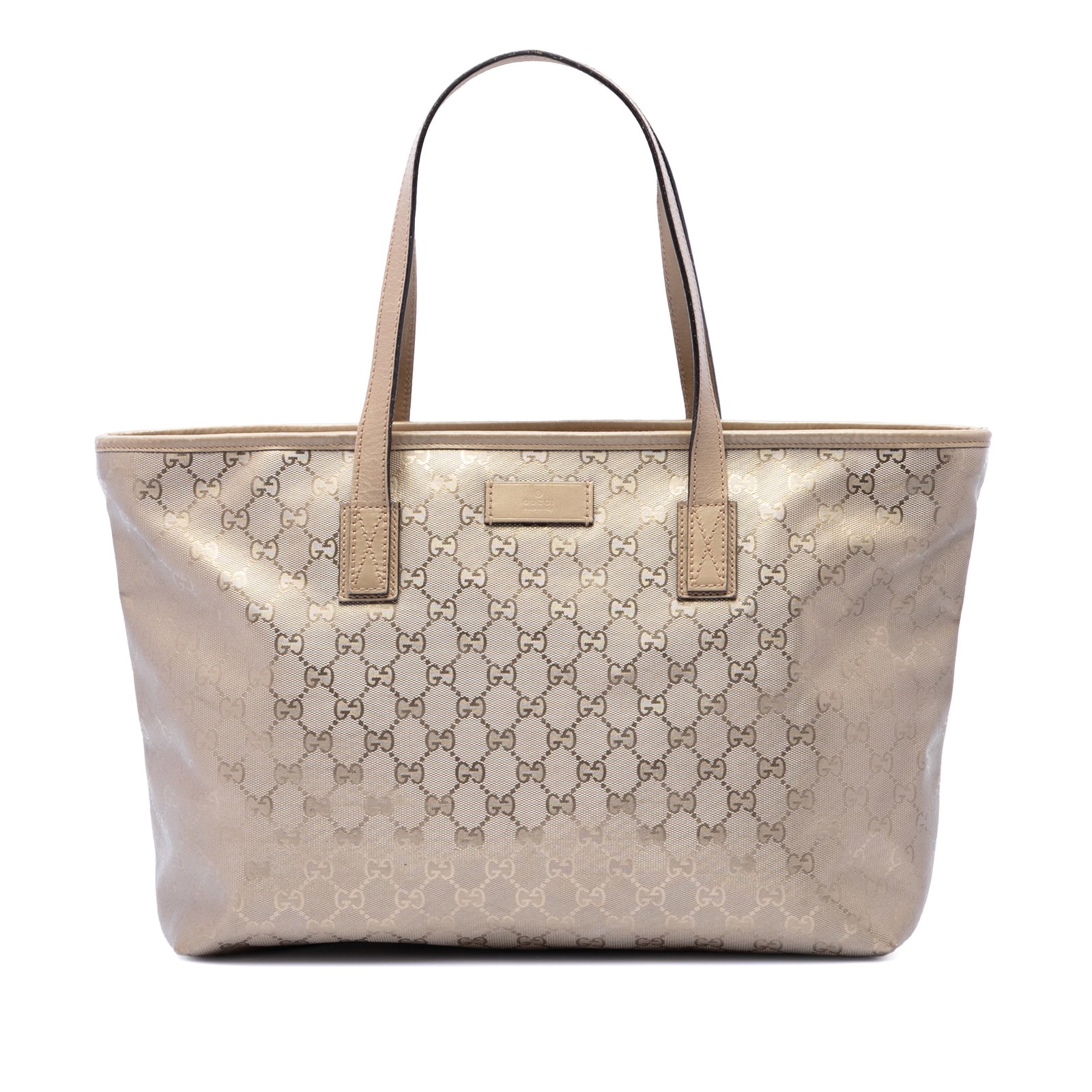 Gucci GG Imprime Medium Tote Bag Gold Coated Canvas: Gucci GG Imprime Medium Tote Bag Gold Coated Canvas Gucci Medium GG Imprime Tote in gold coated canvas with leather trim and flat leather straps. The bag features a top zip closure with interior slip 