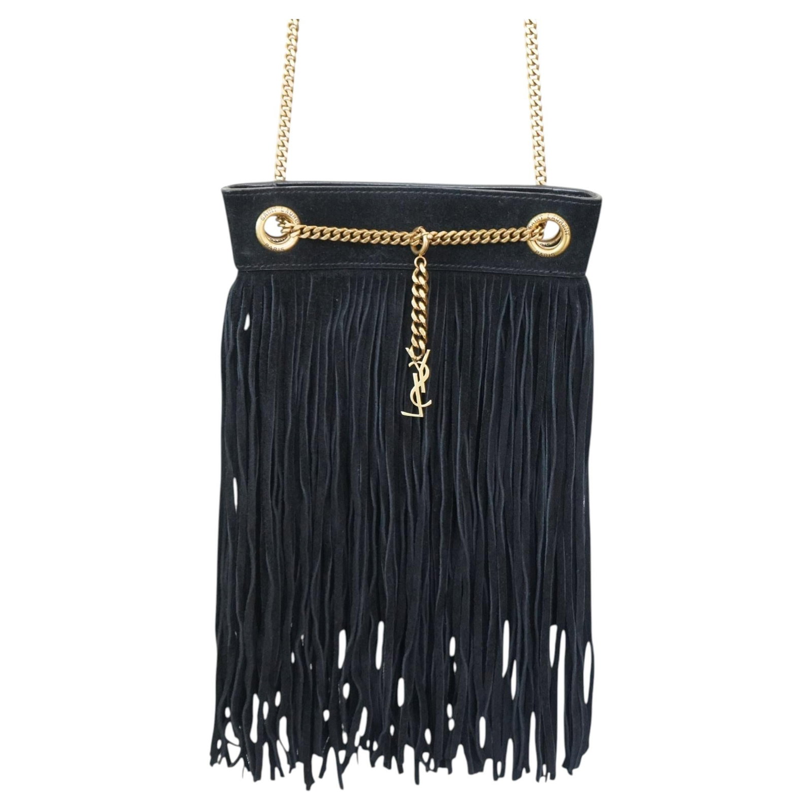Yves Saint Laurent YSL suede chain purse with fringe black: Yves Saint Laurent YSL suede chain purse with fringe black This Yves Saint Laurent purse is crafted in black suede and features fringe detailing with a logo chain strap. It is described as being from 