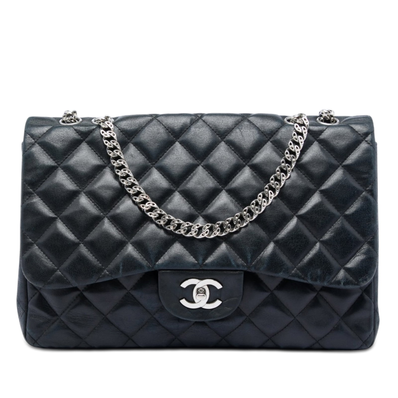Chanel Jumbo Classic Single Flap Shoulder Bag Black Lambskin: Chanel Jumbo Classic Single Flap Shoulder Bag Black Lambskin Chanel Jumbo Classic Lambskin Single Flap shoulder bag in black quilted lambskin leather. This bag features leather-woven chain straps, a f