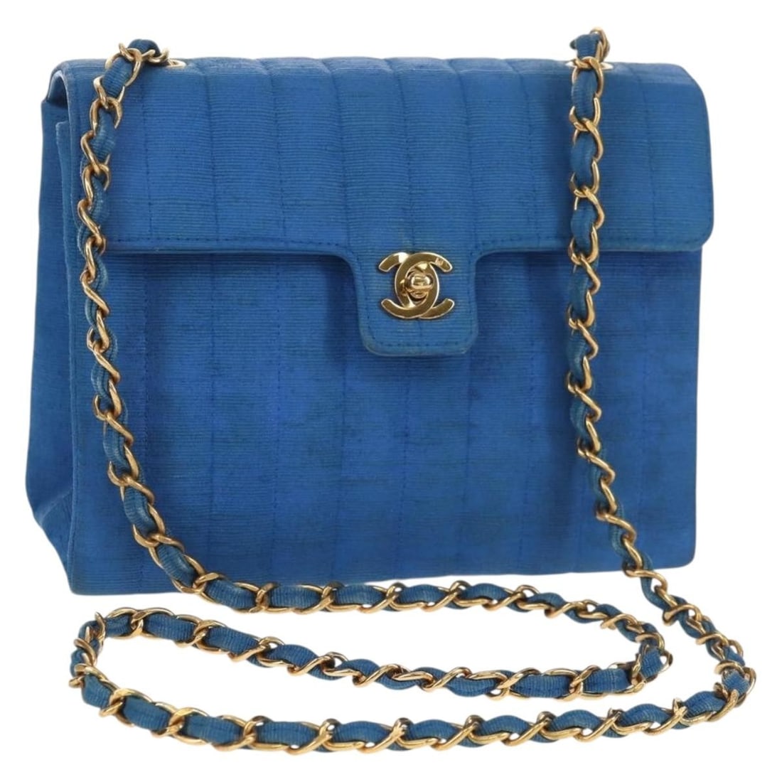 CHANEL Mademoiselle Chain Canvas Shoulder Bag Blue Gold France: CHANEL Mademoiselle Chain Canvas Shoulder Bag Blue Gold France Chanel Mademoiselle chain shoulder bag in blue and gold canvas, made in France. This women's shoulder bag includes a dust bag and guarant