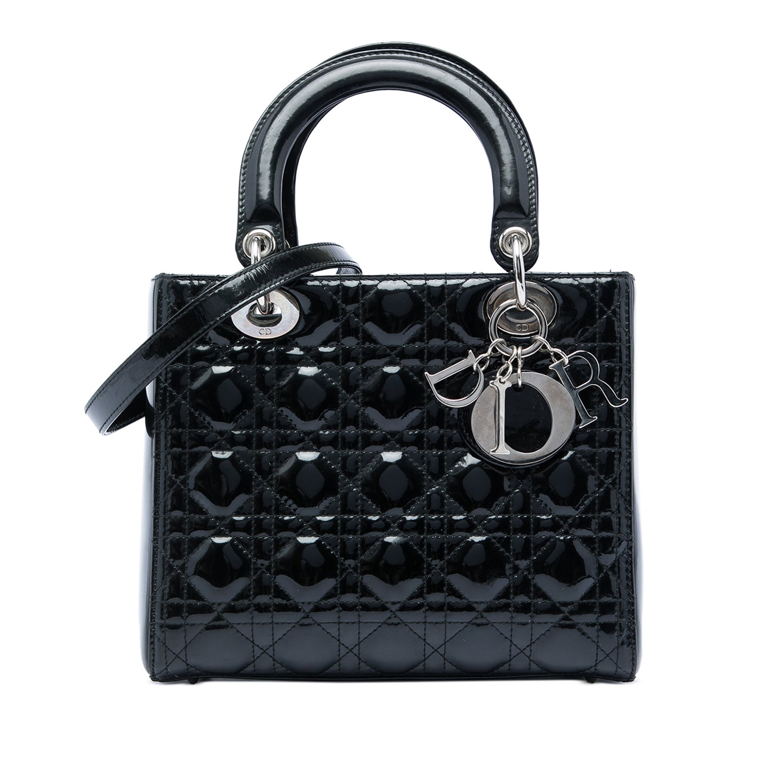 Dior Lady Dior Medium Cannage Patent Leather Handbag Black: Dior Lady Dior Medium Cannage Patent Leather Handbag Black Medium Lady Dior handbag in black patent leather with the signature Cannage quilted design. It features flat top handles, a detachable flat l