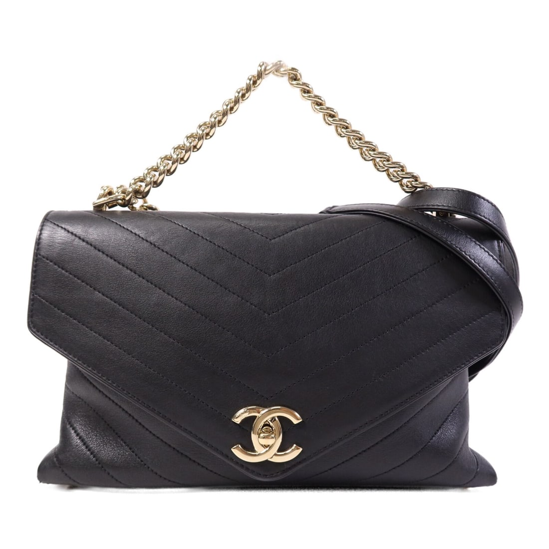 CHANEL CC 2way Shoulder Bag Black Calfskin Leather: CHANEL CC 2way Shoulder Bag Black Calfskin Leather Black Chanel 2-way shoulder bag crafted from calfskin leather with a CC turn-lock closure. This women's bag features an exterior open pocket and an i