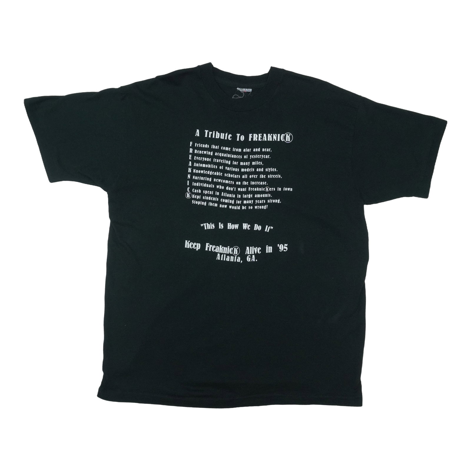 Black vintage tribute shirt for 1995 Freaknik Atlanta: Black vintage tribute shirt for 1995 Freaknik Atlanta Authentic vintage 1995 Freaknik Atlanta Tribute shirt from the 1990s. This original single-stitch tee is described as a true vintage piece, not a 