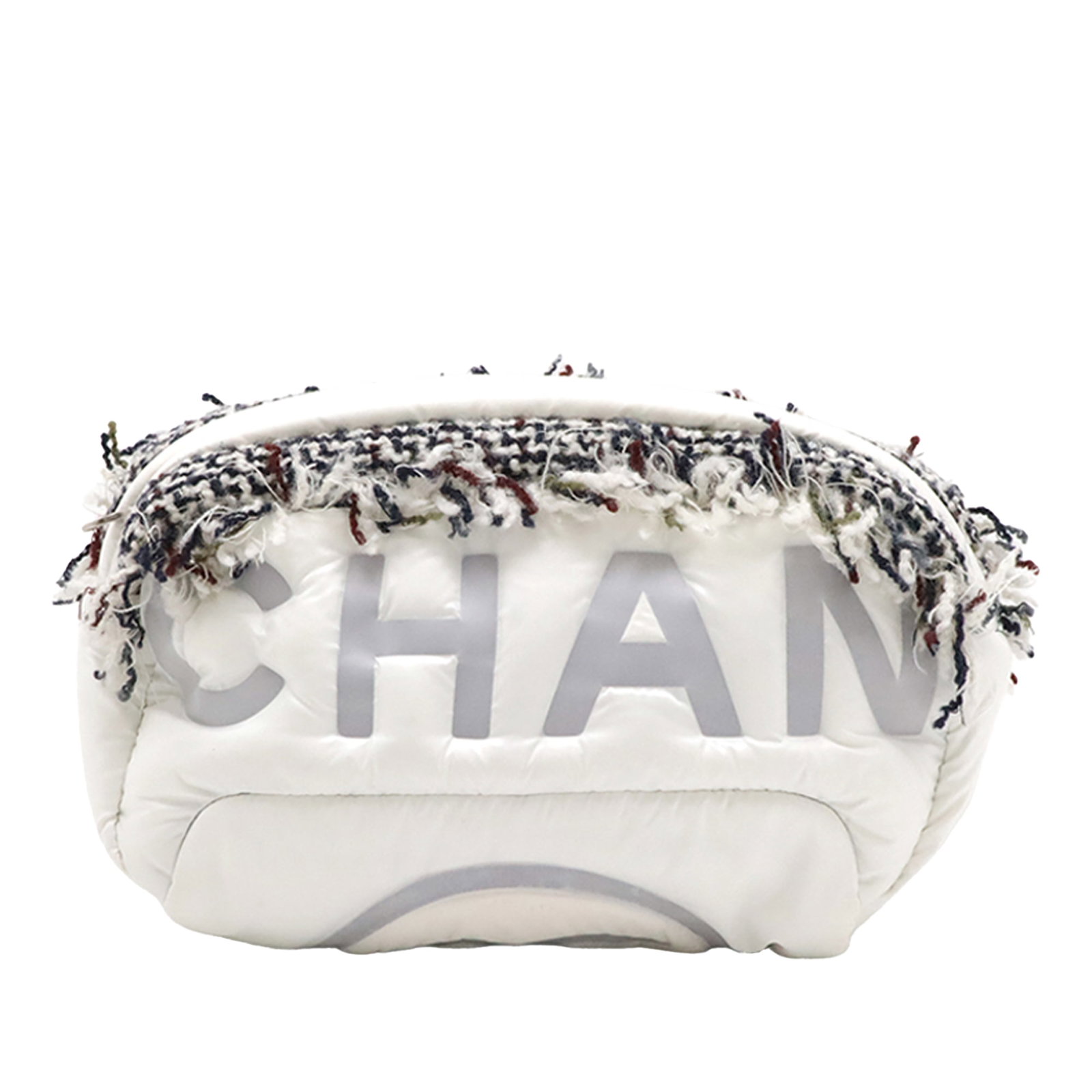 Chanel Doudoune Belt Bag in Embossed Nylon with Tweed Trim: Chanel Doudoune Belt Bag in Embossed Nylon with Tweed Trim This belt bag features an embossed nylon body with tweed trim, an adjustable waist strap with buckle closure, a top zip closure, and an inter