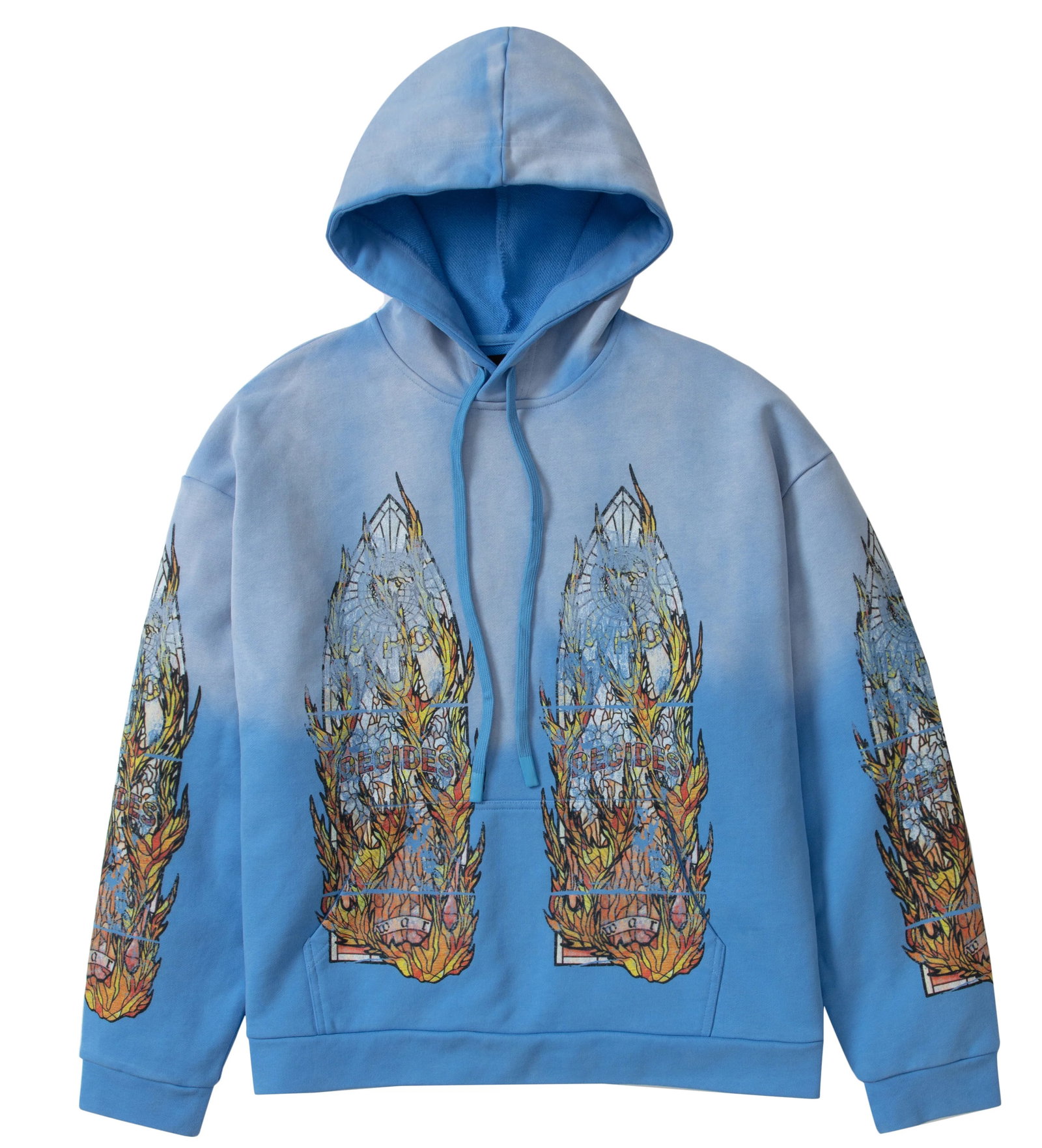 Who Decides War Flame Glass Hoodie Washed Blue Medium: Who Decides War Flame Glass Hoodie Washed Blue Medium Who Decides War Flame Glass Vintage Blue Hoodie with a distressed aesthetic and flame-glass inspired graphic on the front and back. Made for every