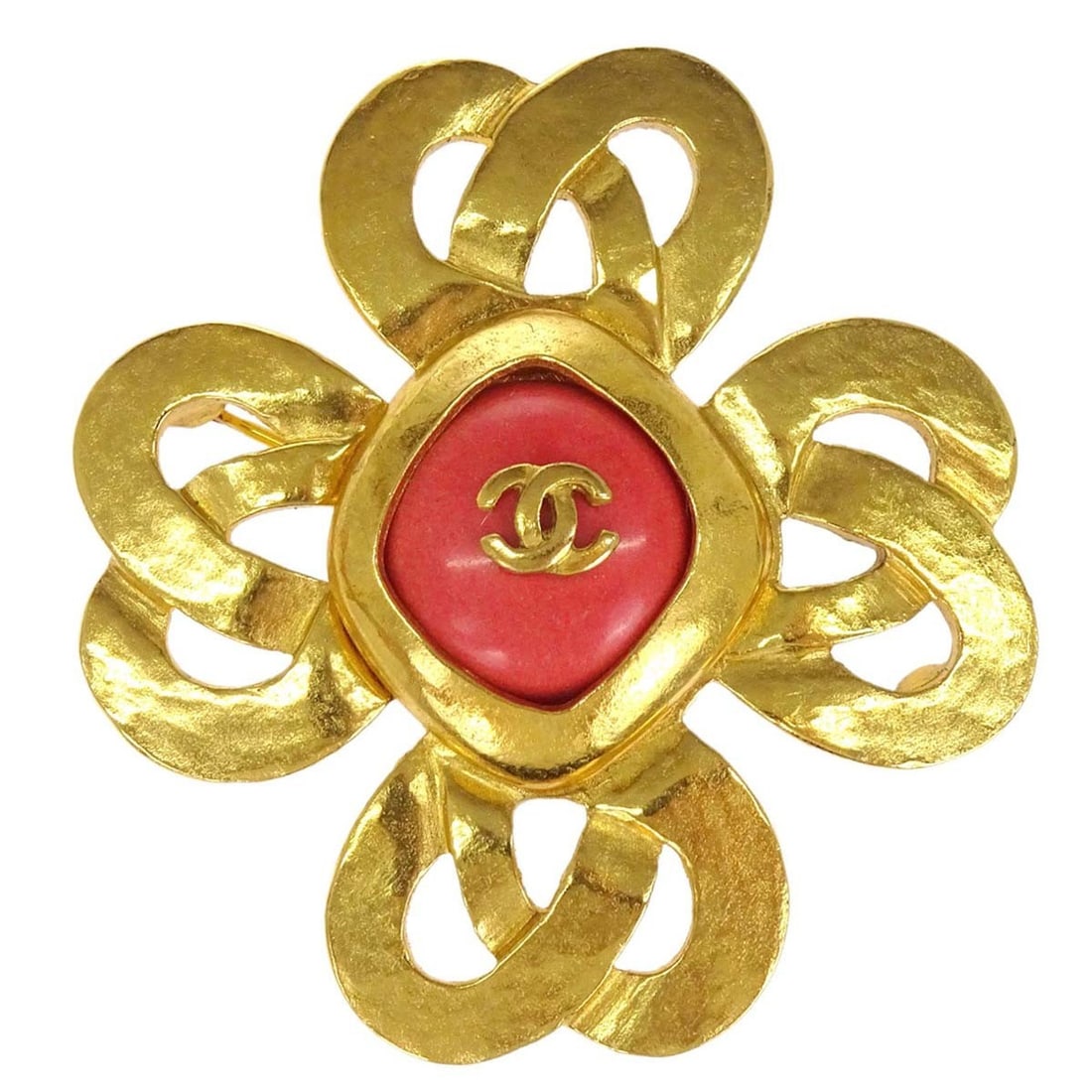 CHANEL 97P Gold Plated Clover Brooch with Pink Stone (1 of 5)