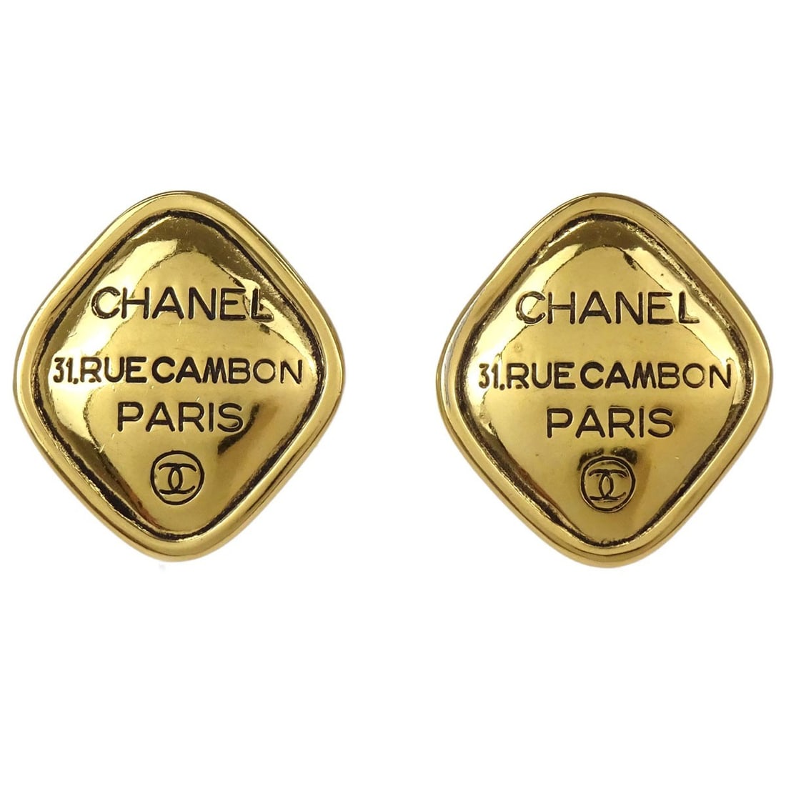 CHANEL Gold Plated Rhombus Button Clip On Earrings: CHANEL Gold Plated Rhombus Button Clip On Earrings Chanel rhombus clip-on earrings in a gold plated finish with a button-style design. Made in France, these earrings show scuffs and remain in very goo