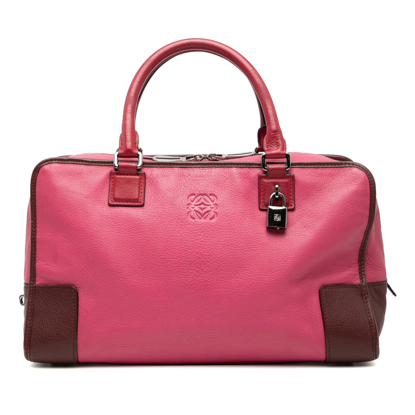 Amazona 36 Handbag in Pink Tricolor Goatskin Leather by Loewe: Amazona 36 Handbag in Pink Tricolor Goatskin Leather by Loewe This LOEWE Amazona 36 handbag showcases a tricolor goatskin leather body with rolled leather handles. It features a top zip closure and is