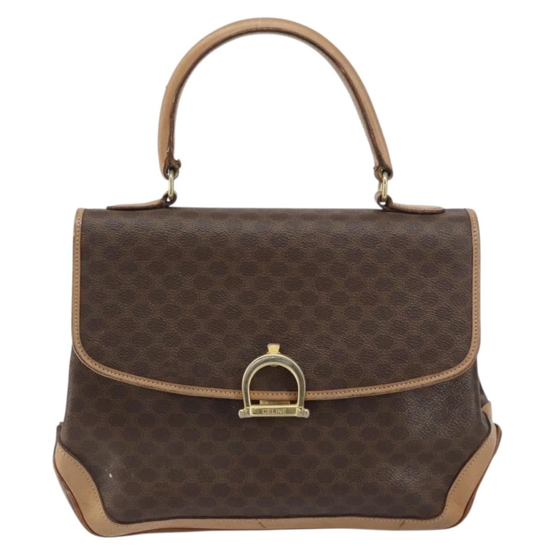 Celine Vintage Macadam Brown PVC Handbag Italy: Celine Vintage Macadam Brown PVC Handbag Italy This vintage Celine Macadam handbag is crafted from brown PVC canvas with leather details. It features a rectangular shape suitable for female use. The b