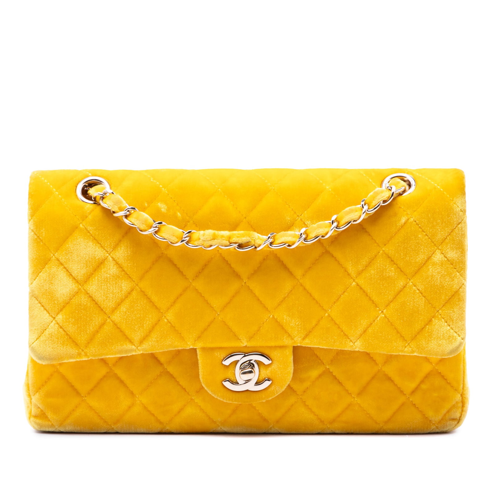 Chanel Medium Classic Double Flap Shoulder Bag in Yellow Velvet: Chanel Medium Classic Double Flap Shoulder Bag in Yellow Velvet Chanel Medium Classic Velvet Double Flap shoulder bag in yellow, made in France. It features a quilted velvet body, fabric woven chain l