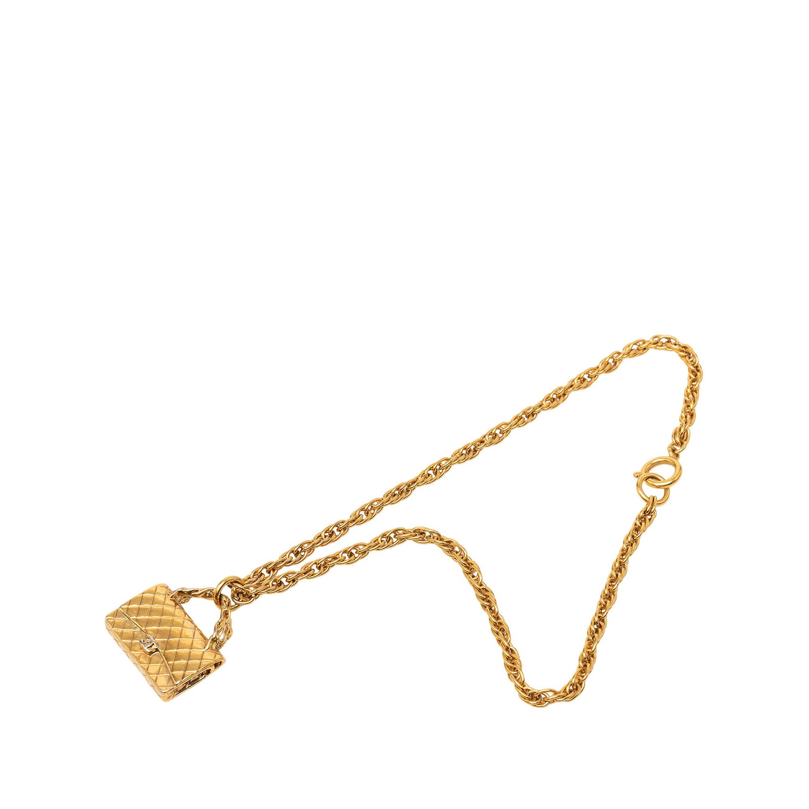 Chanel Classic Flap Bag Pendant Necklace Gold Plated CC: Chanel Classic Flap Bag Pendant Necklace Gold Plated CC Chanel pendant necklace featuring a classic flap bag motif and spring ring closure. The piece is made of gold-plated metal and shows wear consis