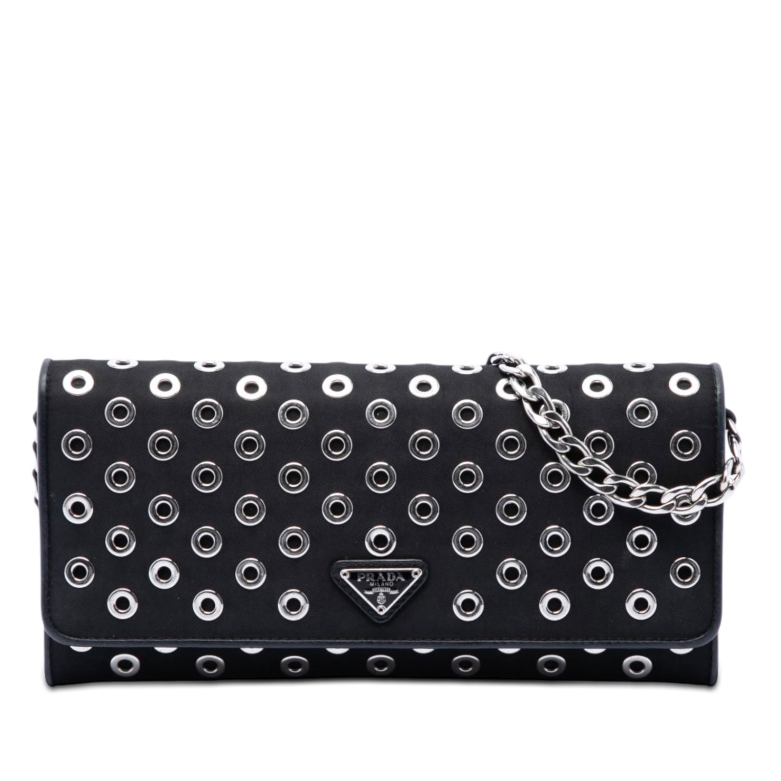 Prada Tessuto Grommet Chain Wallet Black Nylon Crossbody: Prada Tessuto Grommet Chain Wallet Black Nylon Crossbody Prada Tessuto Grommet Wallet On Chain crossbody bag in black fabric with a detachable chain link strap and front flap with magnetic snap closur