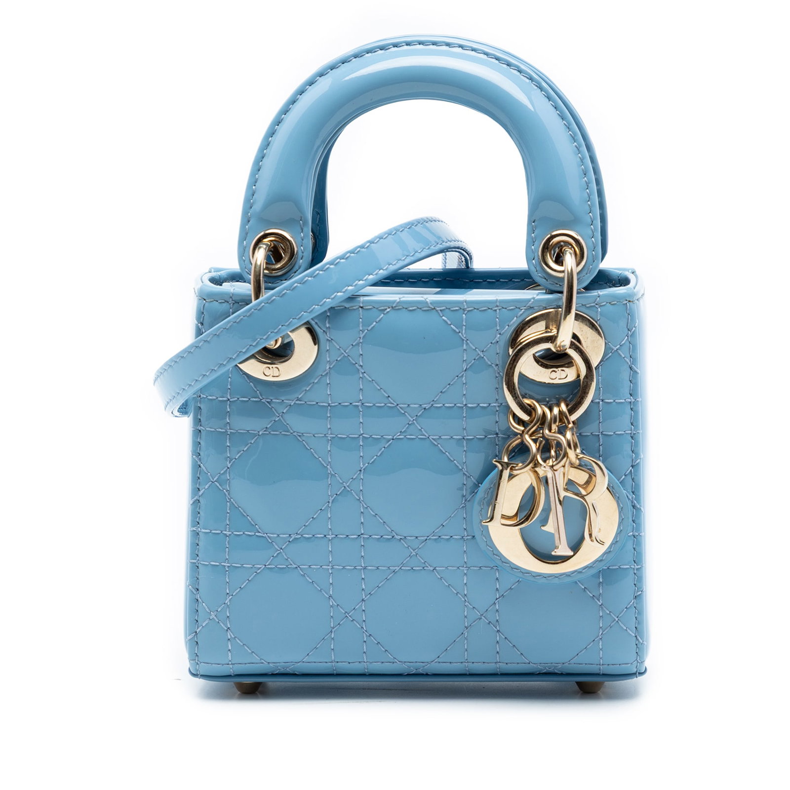 Dior Micro Cannage Lady bag patent leather blue: Dior Micro Cannage Lady bag patent leather blue This Micro Patent Cannage Lady Dior bag features a quilted patent leather exterior in blue, flat top handles, and a detachable flat leather strap for ve