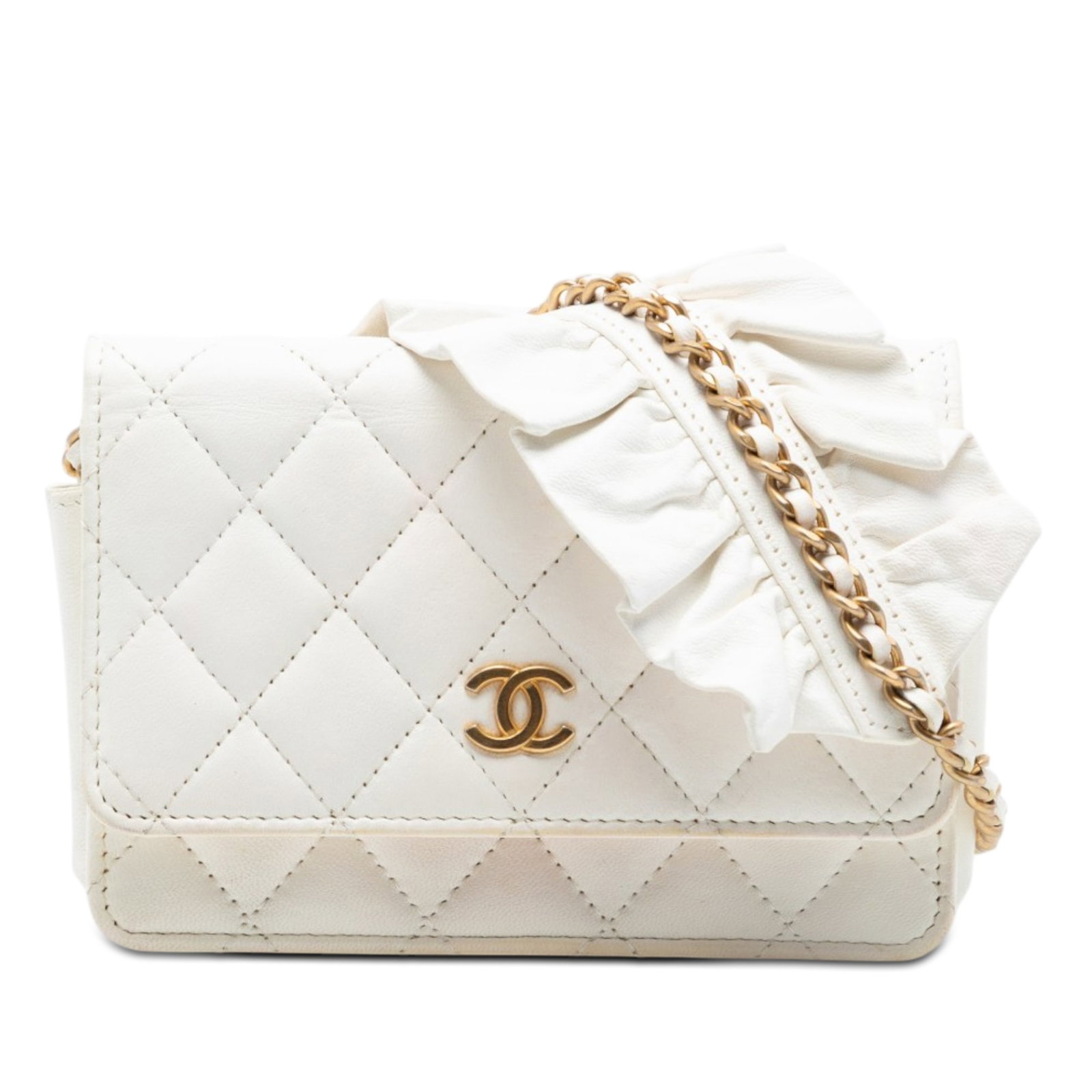 Chanel Romance Wallet On Chain Quilted White Lambskin Crossbody: Chanel Romance Wallet On Chain Quilted White Lambskin Crossbody Chanel Quilted Lambskin Romance Wallet On Chain crossbody bag in white, crafted from quilted lambskin leather with a leather-woven chain