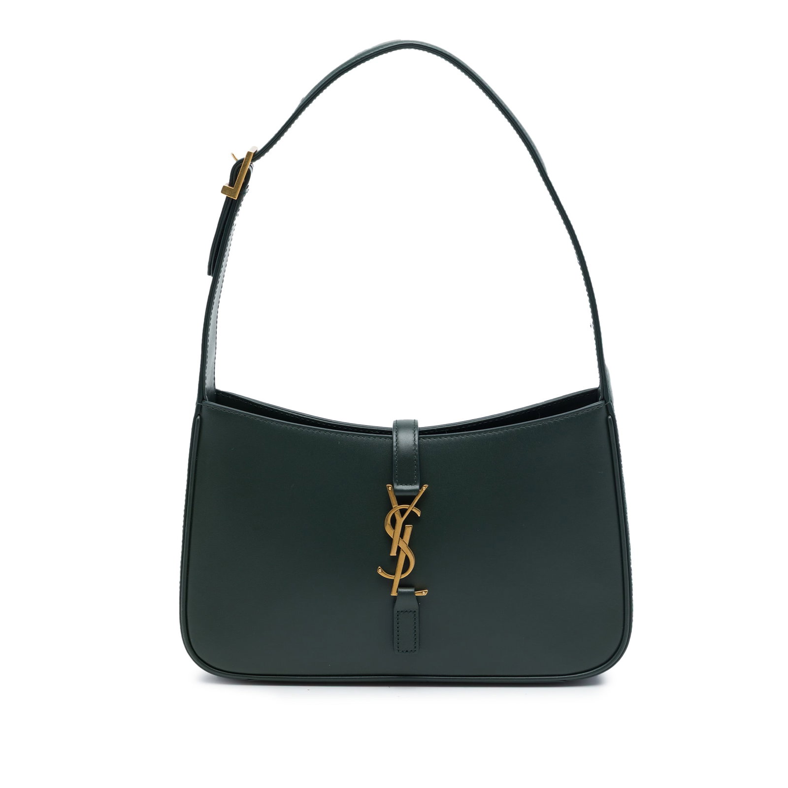 Saint Laurent Le 5 a 7 green leather shoulder bag: Saint Laurent Le 5 a 7 green leather shoulder bag Saint Laurent Smooth Calfskin Le 5 a 7 shoulder bag in green leather. This bag features an adjustable flat leather shoulder strap, an open top with a 