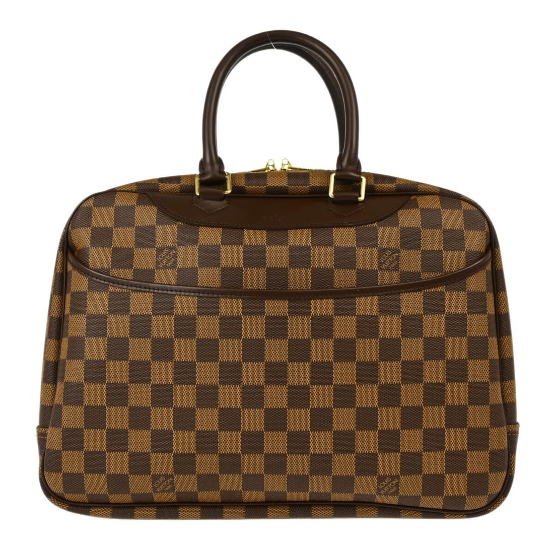 Louis Vuitton Deauville Bowling Vanity Damier Ebene Hand Bag N47272: Louis Vuitton Deauville Bowling Vanity Damier Ebene Hand Bag N47272 Louis Vuitton Deauville Bowling Vanity handbag in Damier canvas and leather, made in France. It features a zip closure, double handl