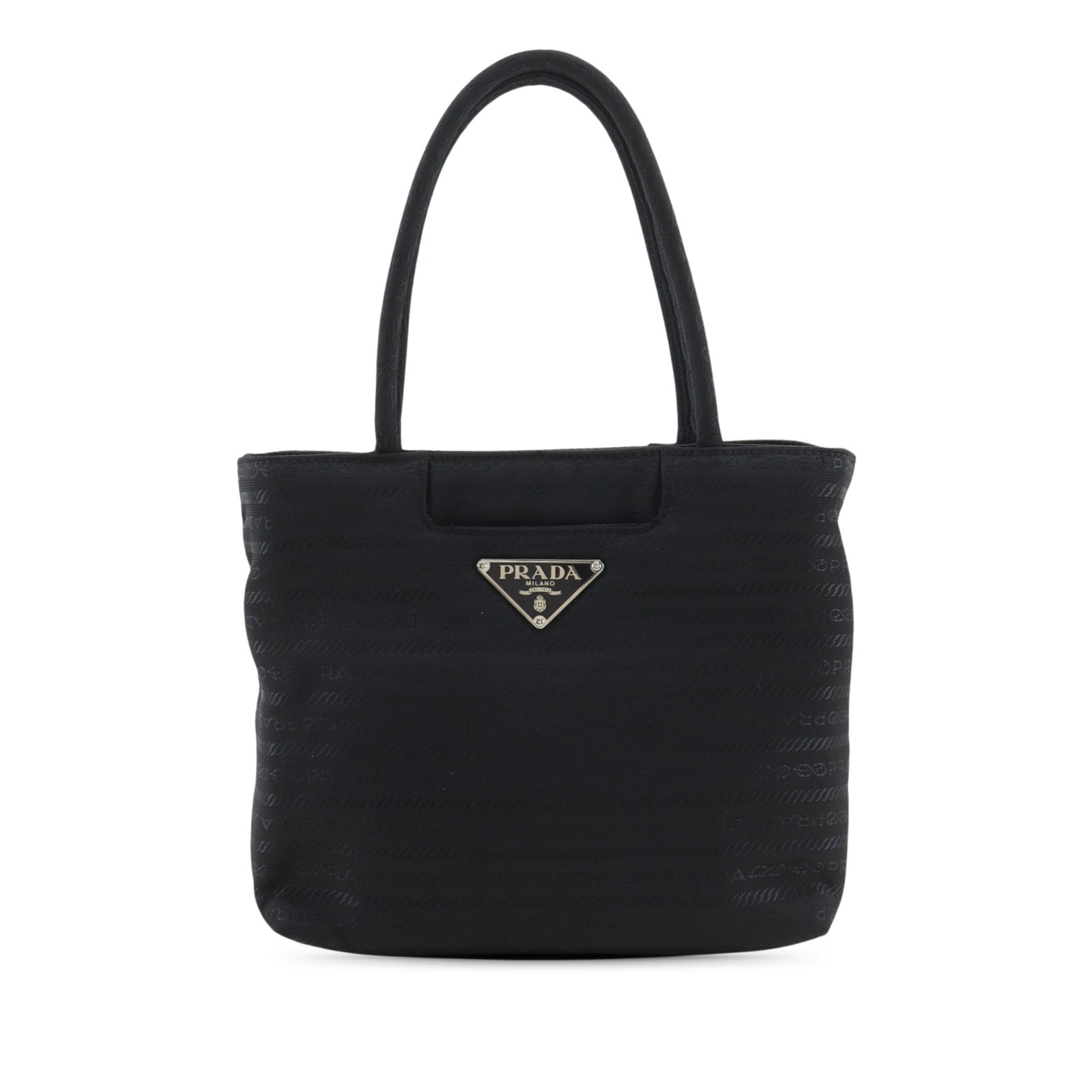 Prada Tessuto Black Nylon Zip Top Handbag: Prada Tessuto Black Nylon Zip Top Handbag Prada Tessuto handbag in black with a nylon body and fabric material. It features rolled handles, a top zip closure, an exterior slip pocket, and an interior 