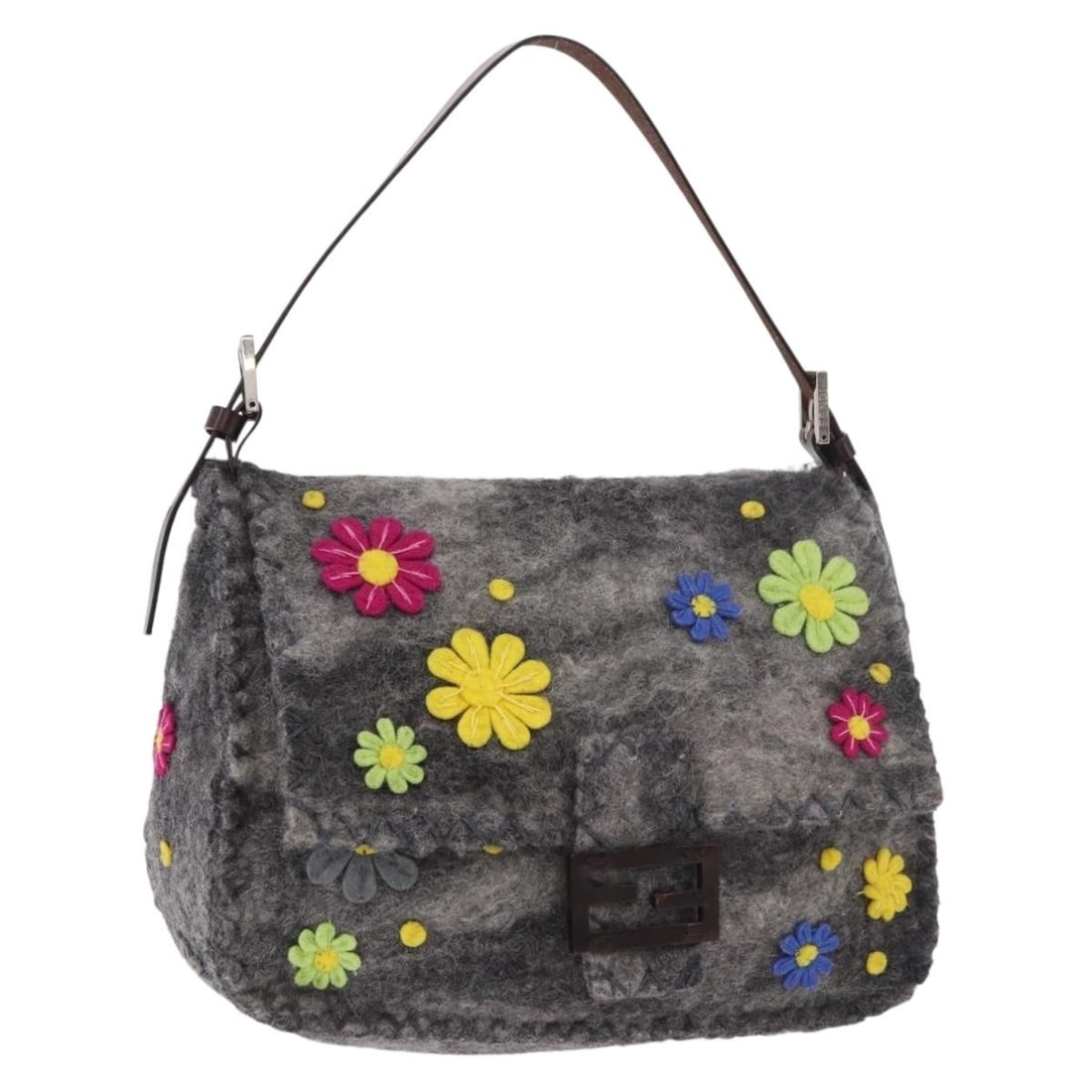 FENDI Mamma Baguette Floral Cotton Shoulder Bag Gray Silver: FENDI Mamma Baguette Floral Cotton Shoulder Bag Gray Silver Fendi Floral Mamma Baguette shoulder bag in gray and silver cotton. This women's shoulder bag is made in Italy and includes a dust bag. Cond