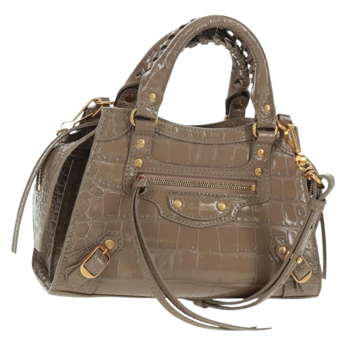 BALENCIAGA 638524 Neo Classic City Patent Leather 2way Handbag Gray Gold: BALENCIAGA 638524 Neo Classic City Patent Leather 2way Handbag Gray Gold Balenciaga Neo Classic City 2-way handbag in gray patent leather with gold-tone accents. Made in Italy, this women's handbag in