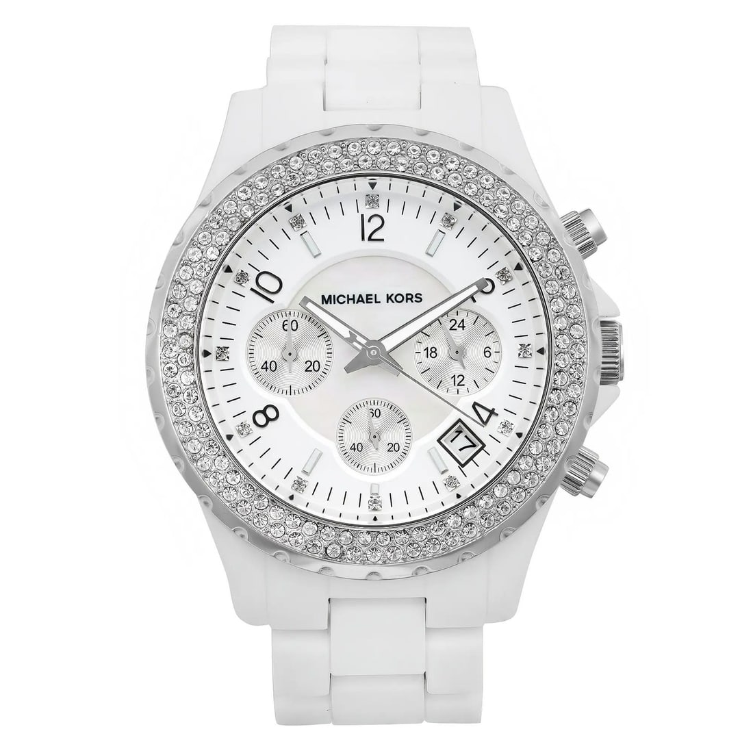 Michael Kors Madison womens watch white MOP dial crystal bezel MK5300: Michael Kors Madison womens watch white MOP dial crystal bezel MK5300 Pre-owned Michael Kors Madison ladies wristwatch with a white mother-of-pearl dial and crystal-set accents. This dress/formal styl