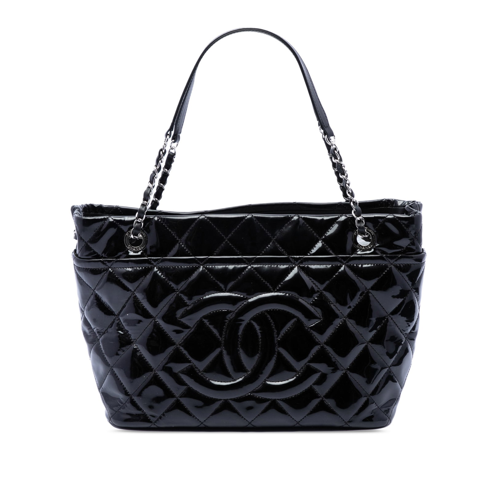 Chanel Timeless Soft Tote Black Quilted Patent Leather Bag: Chanel Timeless Soft Tote Black Quilted Patent Leather Bag Black Chanel CC Quilted Patent Timeless Soft Tote crafted in patent leather with leather-woven chain straps and leather guard straps. The bag