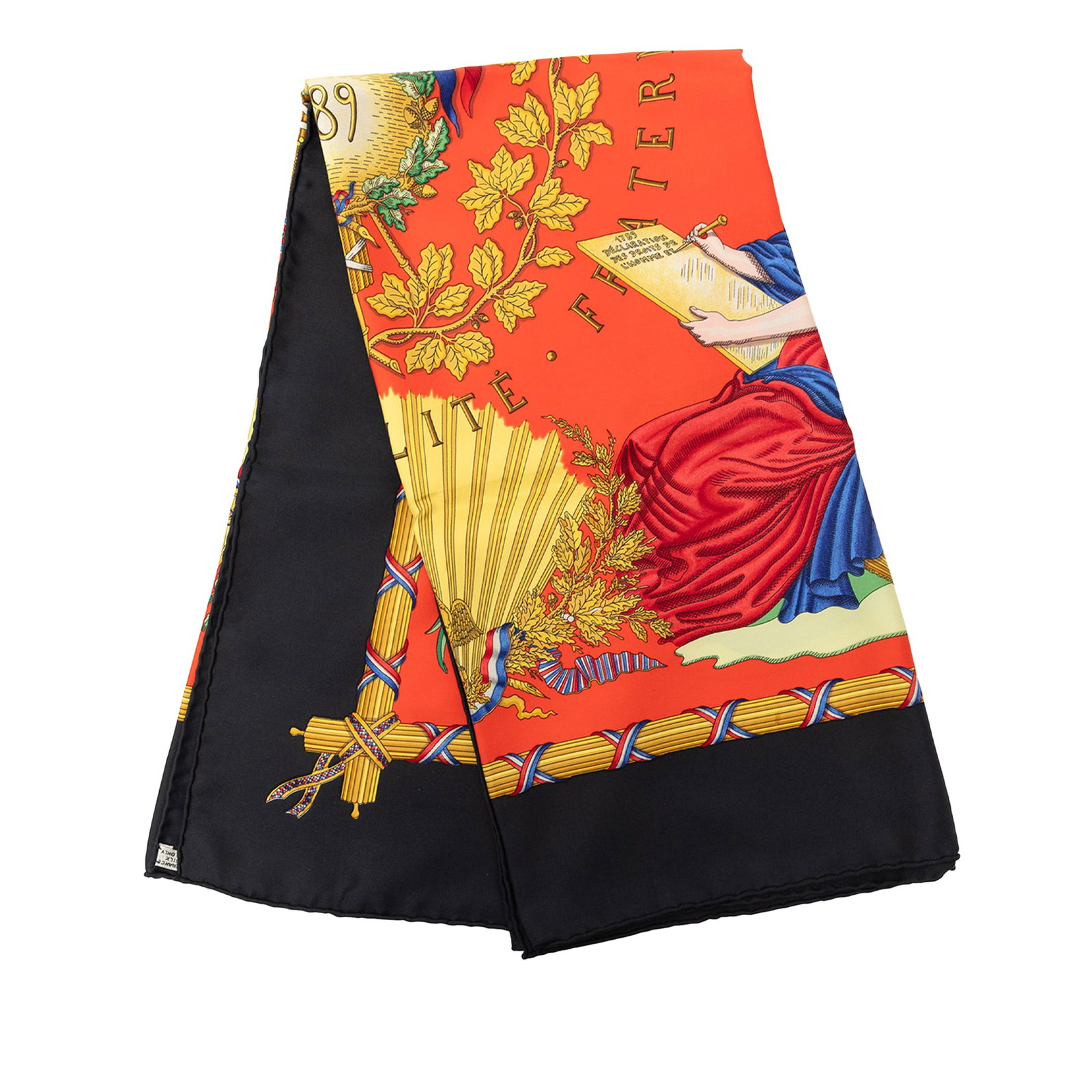 Hermes Republique Francaise 1789 Silk Scarf 90 Orange: Hermes Republique Francaise 1789 Silk Scarf 90 Orange Hermes Republique Francaise Liberte Egalite Fraternite 1789 Silk Scarf 90 featuring a printed design on silk. Made in France, this accessory is pr