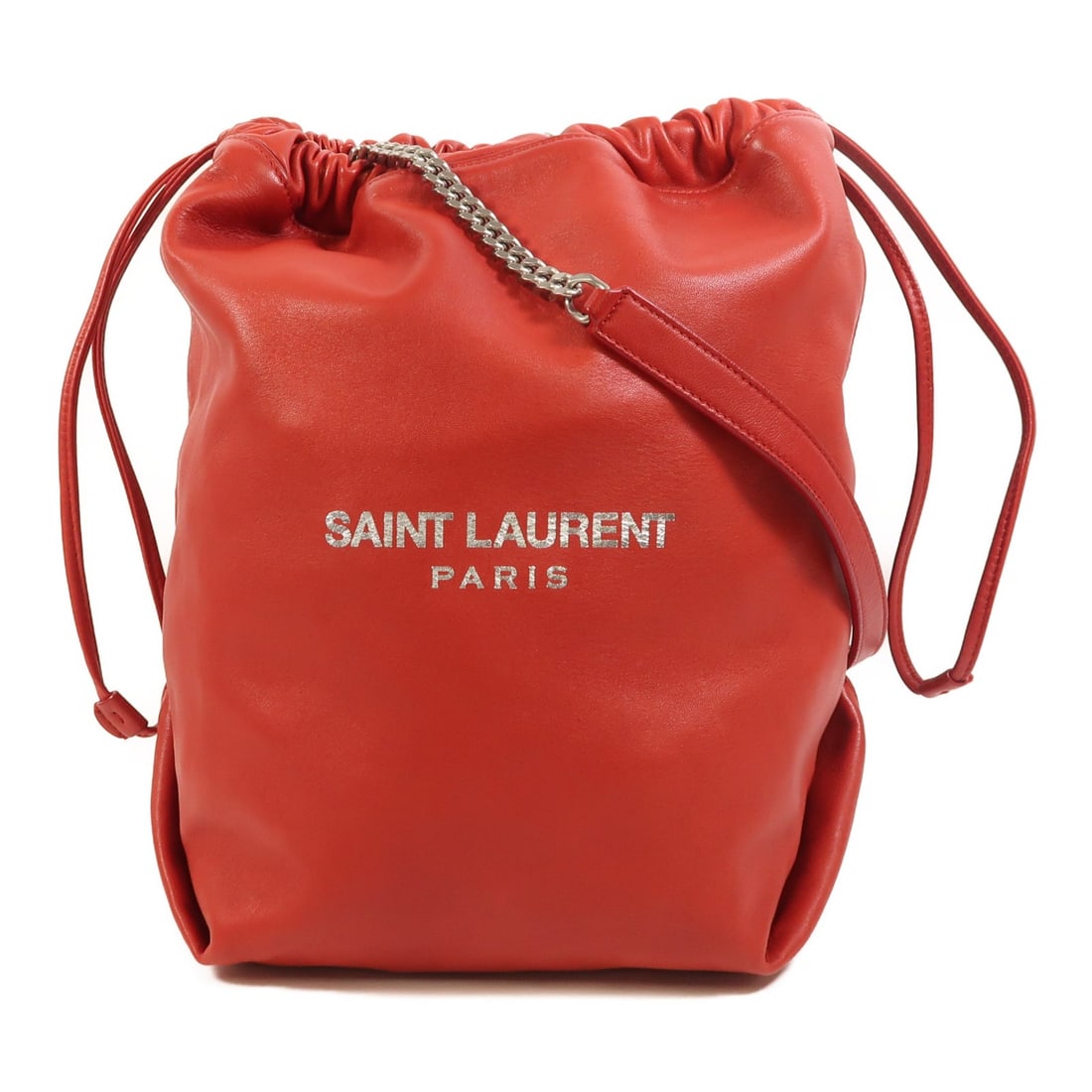 Saint Laurent Teddy Bucket Shoulder Bag 538447 Red Lambskin: Saint Laurent Teddy Bucket Shoulder Bag 538447 Red Lambskin This Saint Laurent Teddy Bucket shoulder bag is crafted from lambskin (sheep leather) in red with silver-tone hardware. It features a bucket