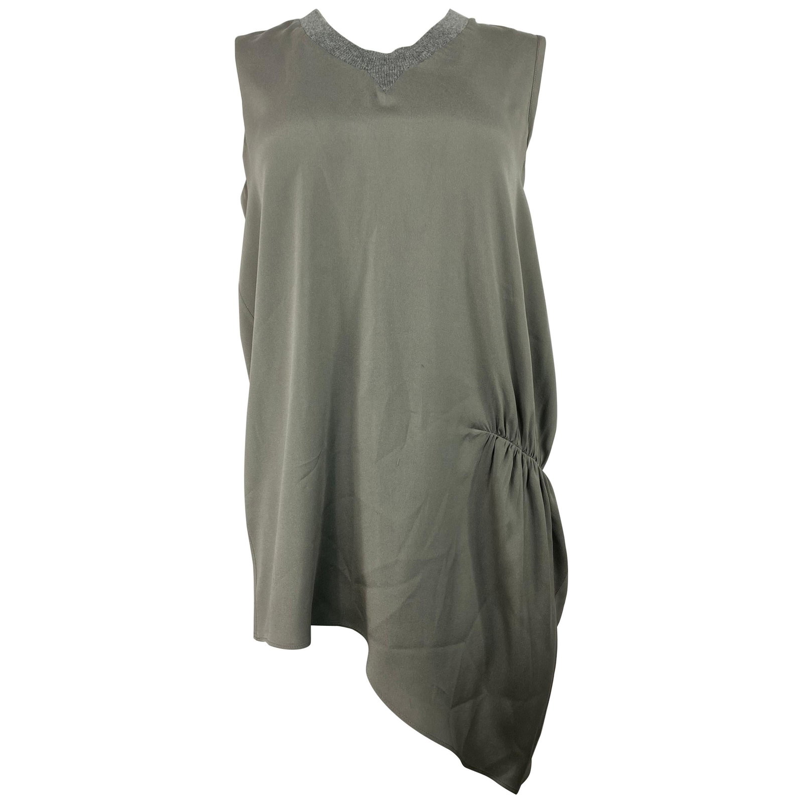 Brunello Cucinelli XL Asymmetrical Sleeveless Silk Blouse in Grey: Brunello Cucinelli XL Asymmetrical Sleeveless Silk Blouse in Grey A Brunello Cucinelli sleeveless blouse top in grey silk with green and olive accents. It features a crew neck with grey knit detail an