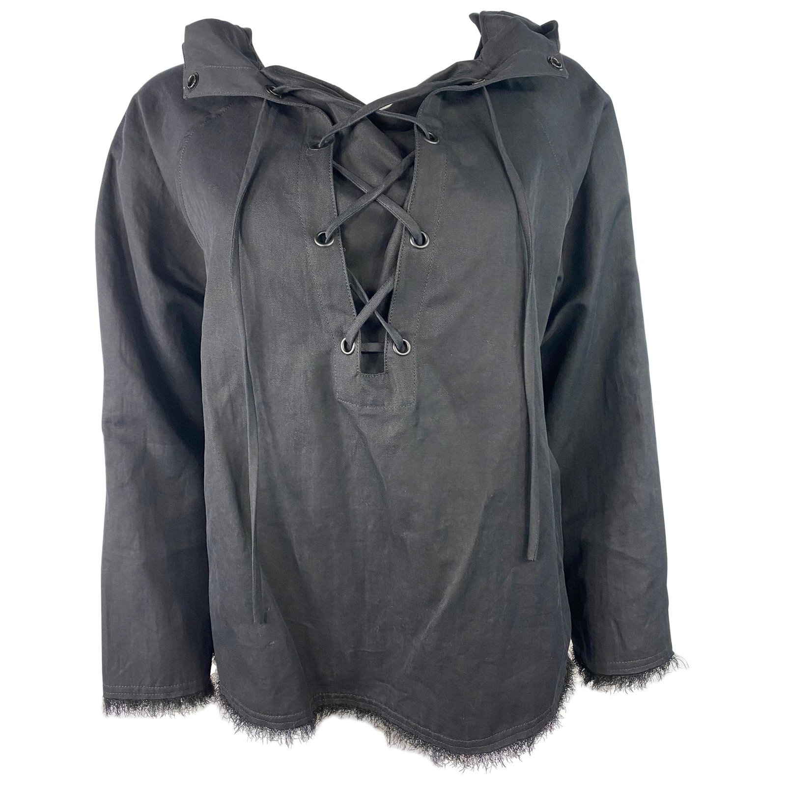 Nili Lotan hooded cotton blend top black size M: Nili Lotan hooded cotton blend top black size M Nili Lotan black top in a cotton blend with a hood detail at the back, lace closure at the front, and side pockets. Made in the USA. Condition is excell