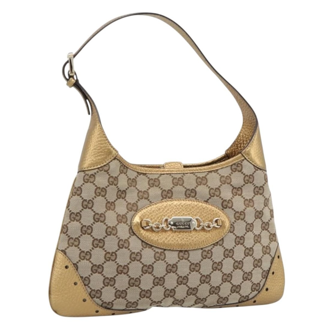GUCCI 145778 GG Canvas Hand Bag Beige Gold: GUCCI 145778 GG Canvas Hand Bag Beige Gold Gucci hand bag in GG Canvas with a beige and gold colorway. Made in Italy, this women's bag measures approximately 13.0 in wide by 7.9 in high, with a handle