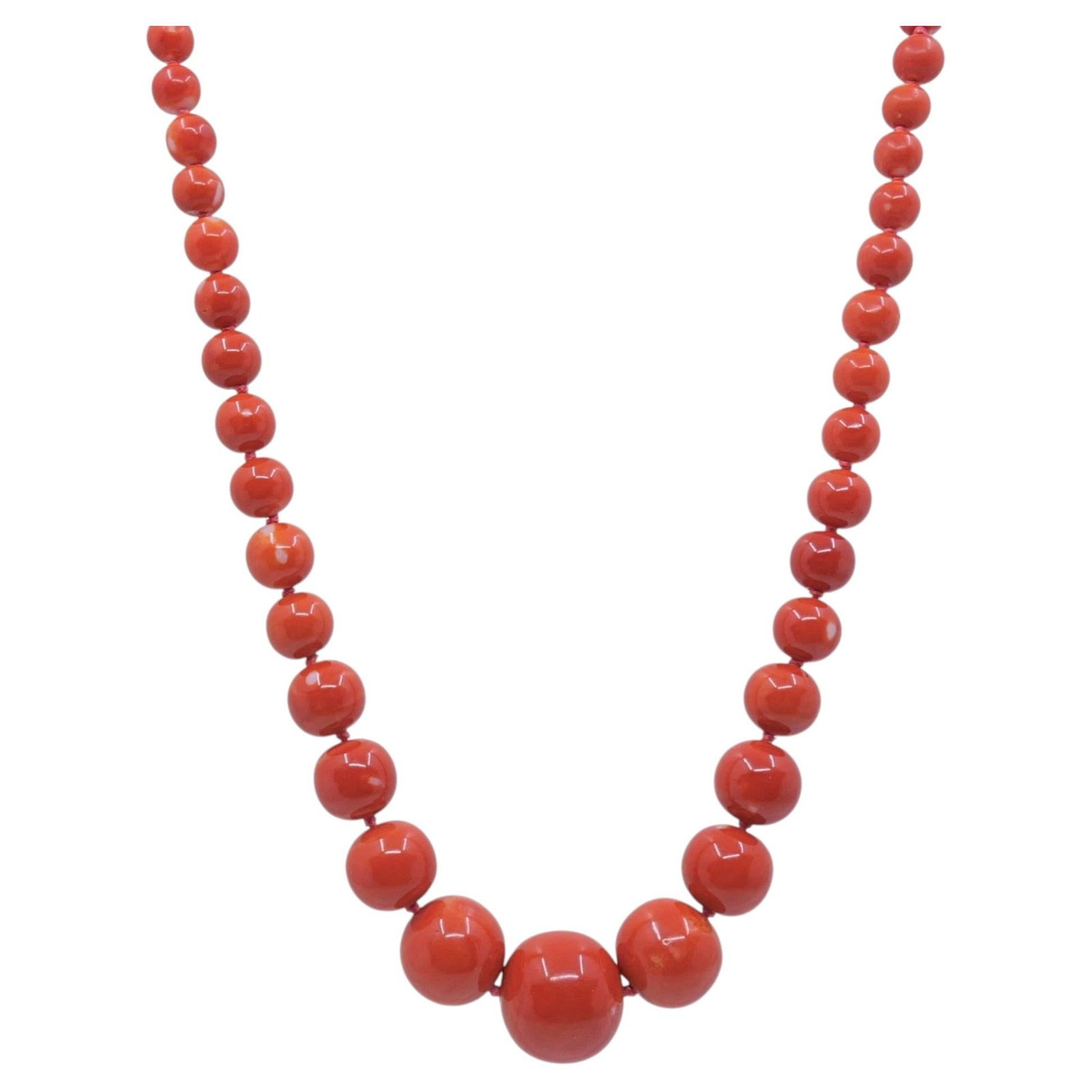 Mid Century Red Coral Bead Necklace 14k Gold Rose Clasp: Mid Century Red Coral Bead Necklace 14k Gold Rose Clasp Vintage graduated red coral bead necklace strung on knotted silk cord with a 14k gold rose-form clasp set with a small diamond. The beads gradua