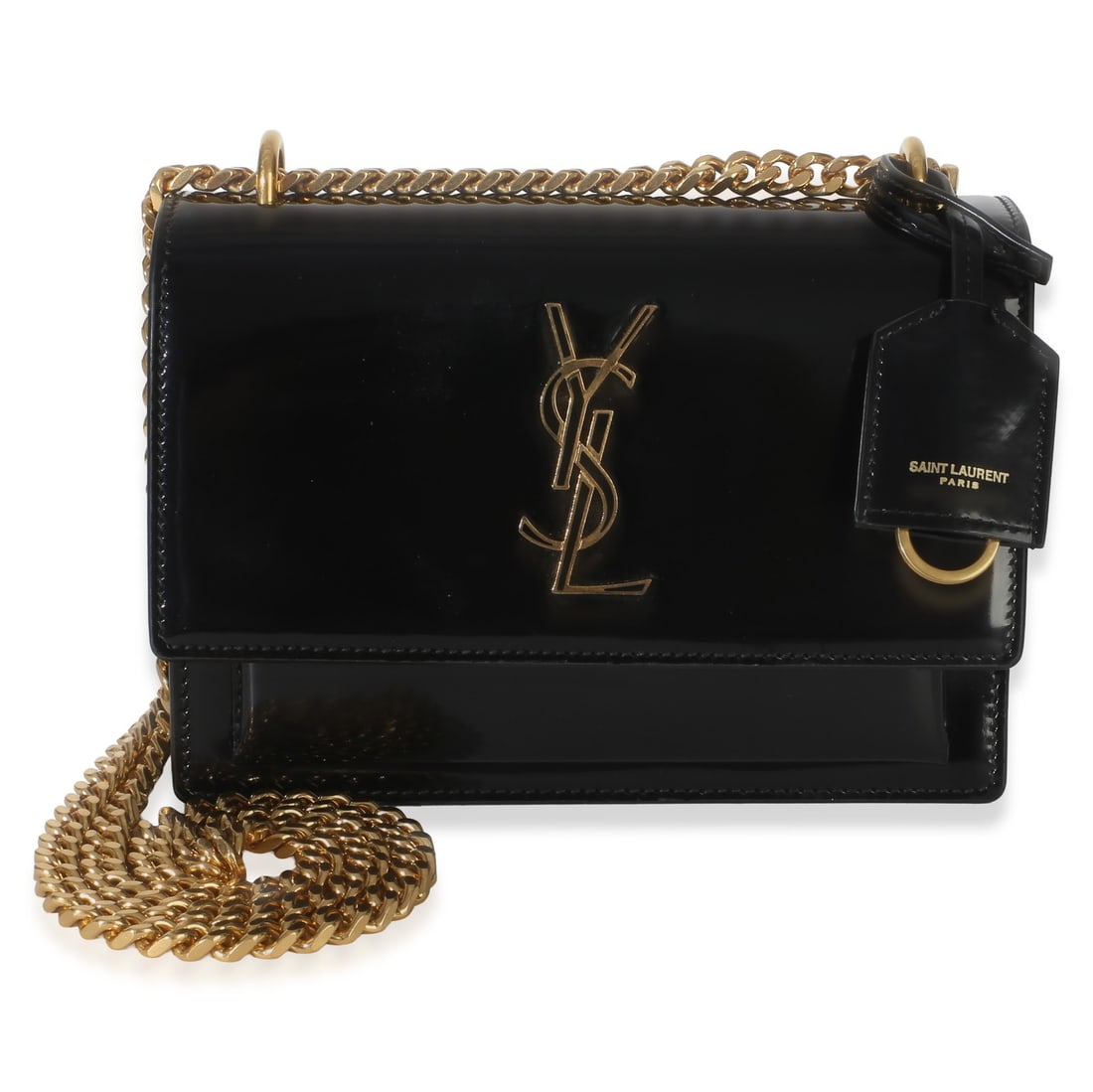 Saint Laurent Monogram Small Sunset patent leather shoulder bag black: Saint Laurent Monogram Small Sunset patent leather shoulder bag black Pre-owned Saint Laurent Monogram Small Sunset Bag in black patent leather with a magnetic snap closure and black suede lining. Thi